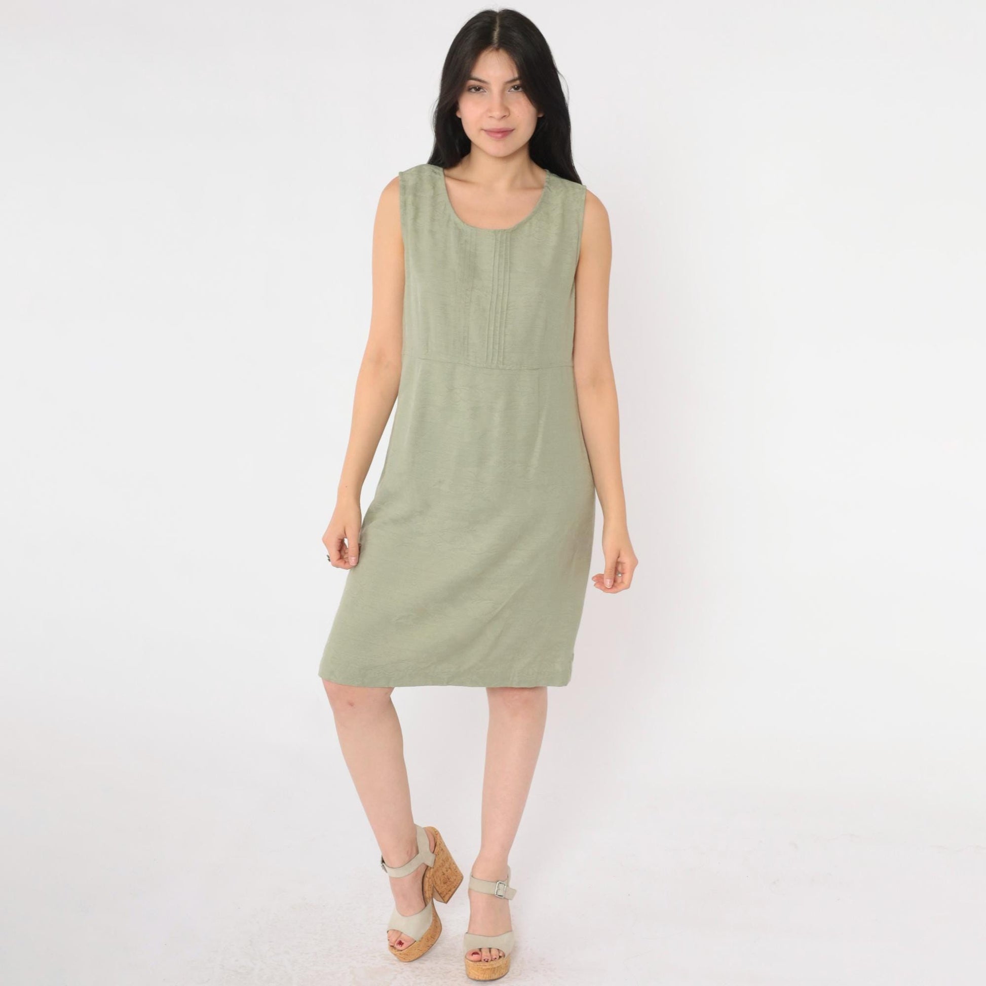 90s Karin Stevens Floral Jacquard Mini Dress Olive Green Sleeveless Small