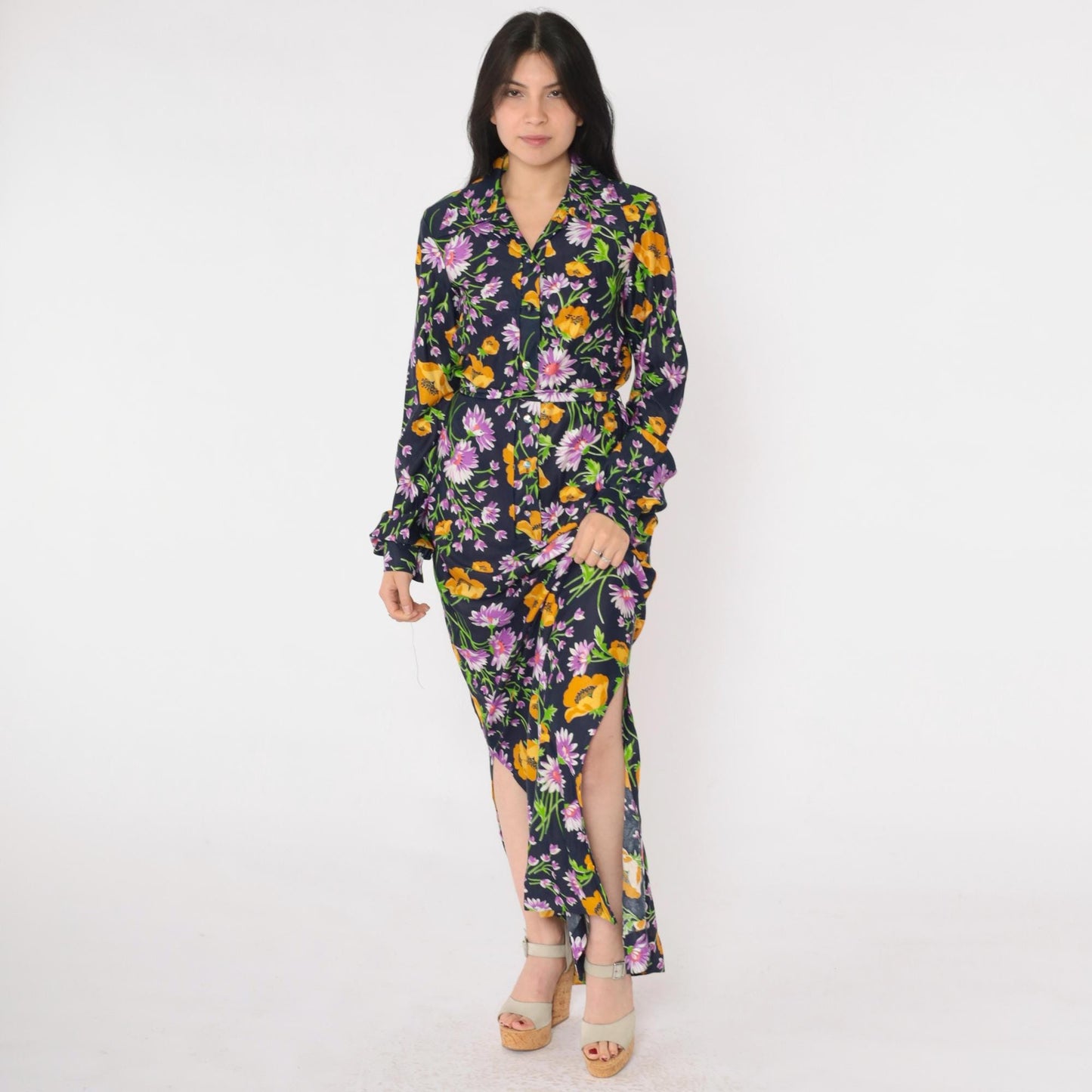 70s Lane Bryant Navy Floral Maxi Shirt Dress Dagger Collar Belt Small