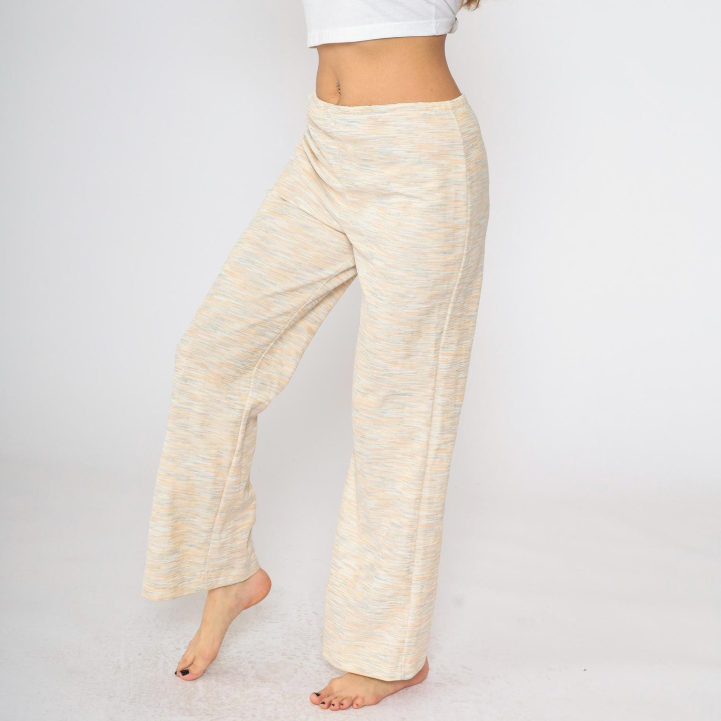 70s Flared Trousers High Waist Pull On Heathered Peach Orange Teal Small