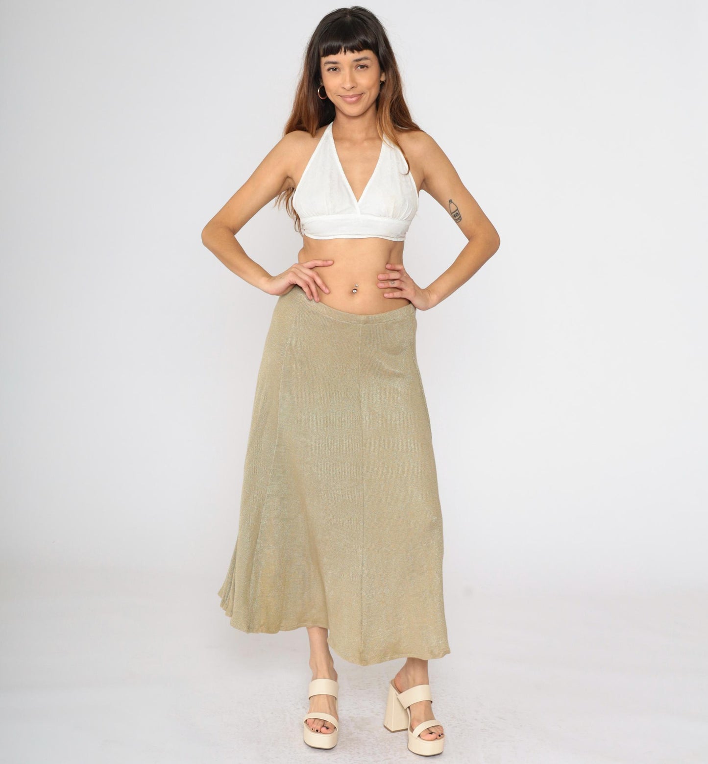 80s Tan Knit Midi Skirt High Waist Elastic Flared Small