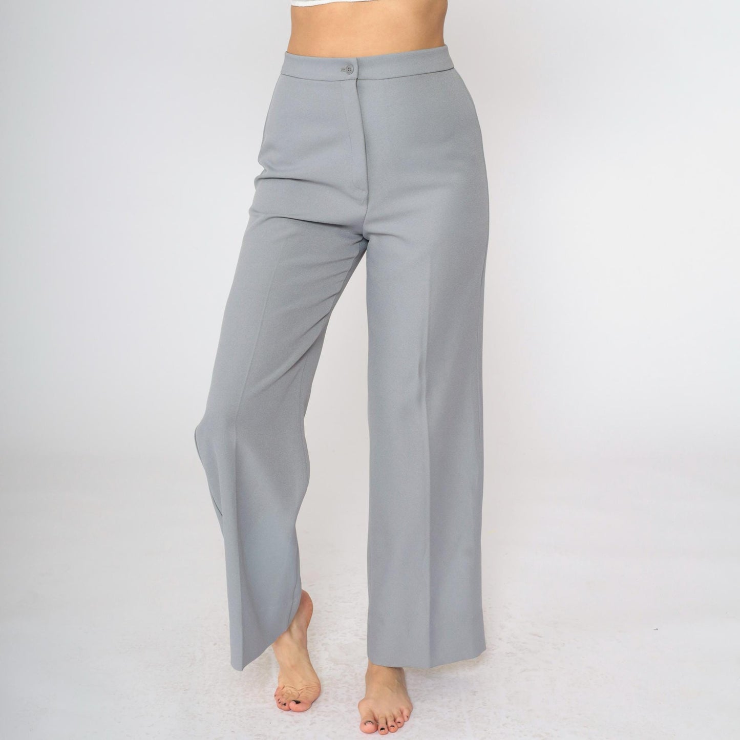70s Grey Polyester High-Waist Wide-Leg Trousers Small S