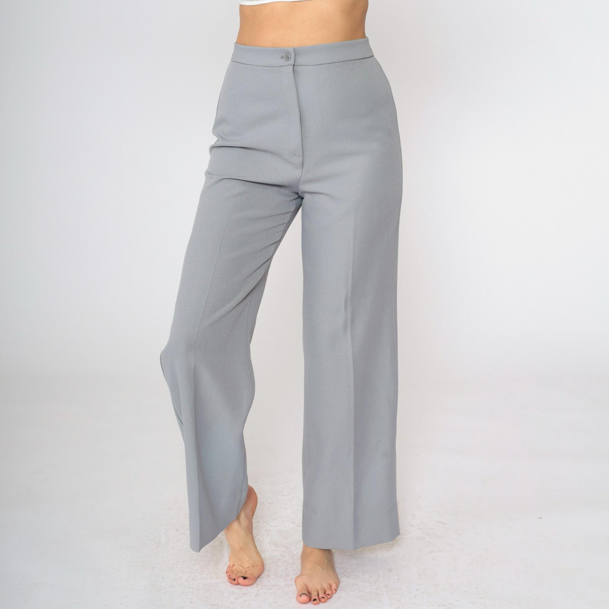 70s Grey Polyester High-Waist Wide-Leg Trousers Small S