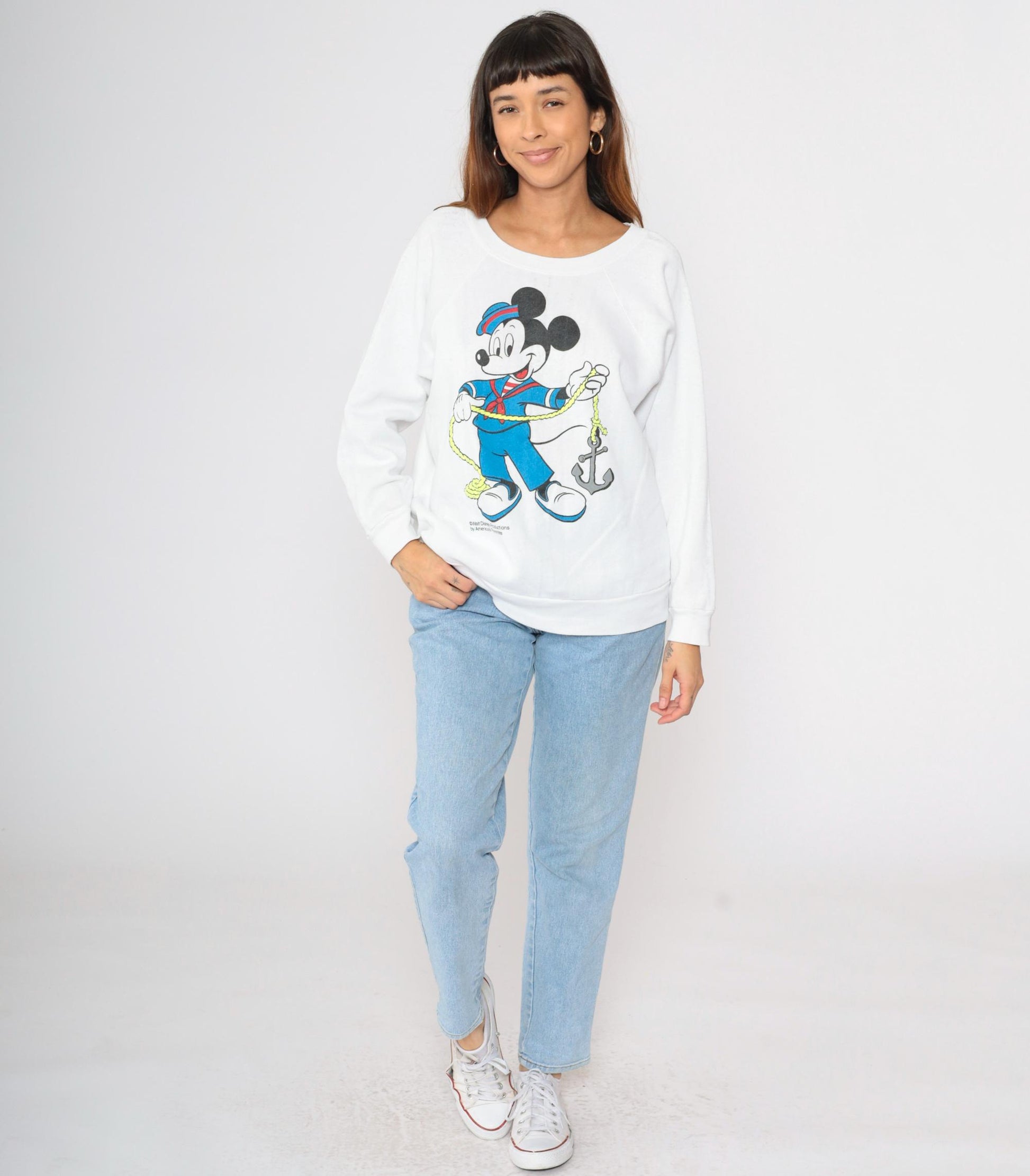80s Mickey Mouse Sailor Graphic Sweatshirt White Raglan Crewneck Large