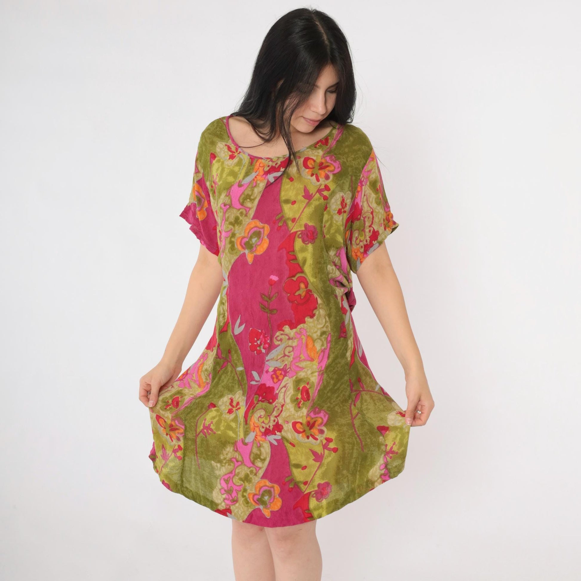 90s Lolette Floral Mini Dress Olive Fuchsia Shift Tie Back Extra Large XXL
