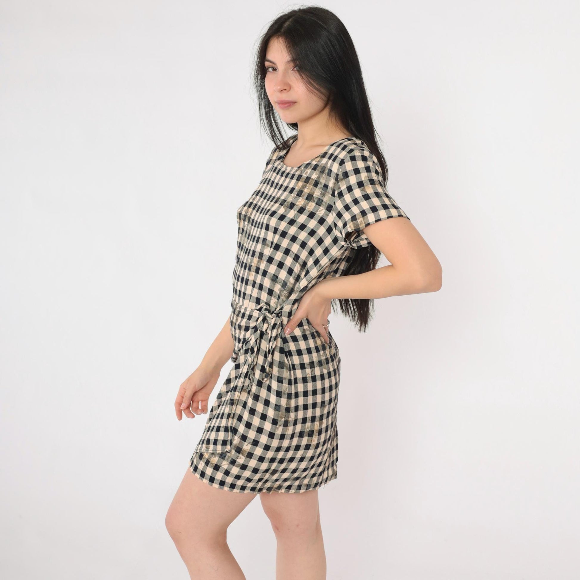 90s Black Beige Checkered Floral Mini Dress Wrap Panel Short Sleeve Small S