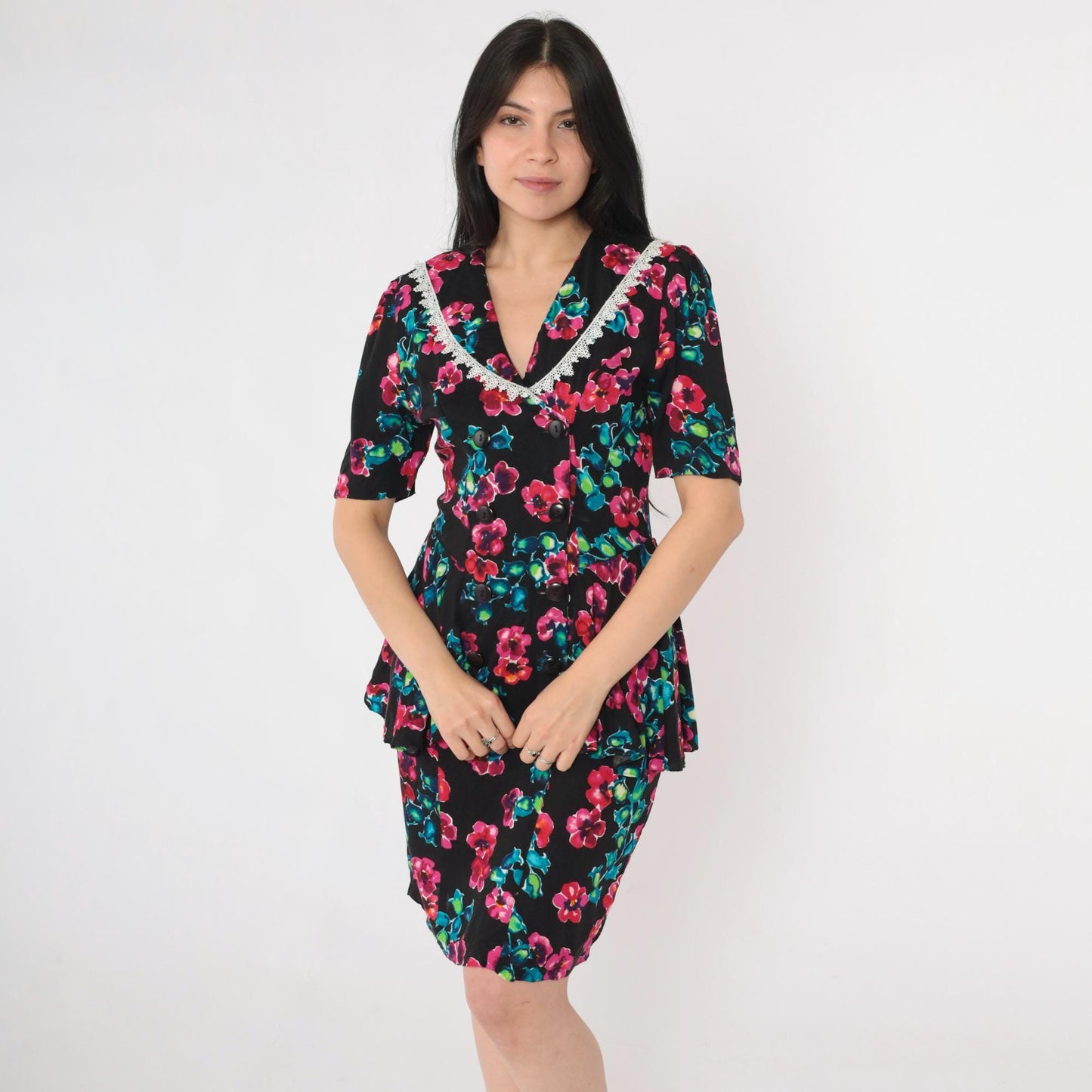 80s Milarzo Floral Peplum Mini Dress Black Double Breasted Puff Sleeve Small