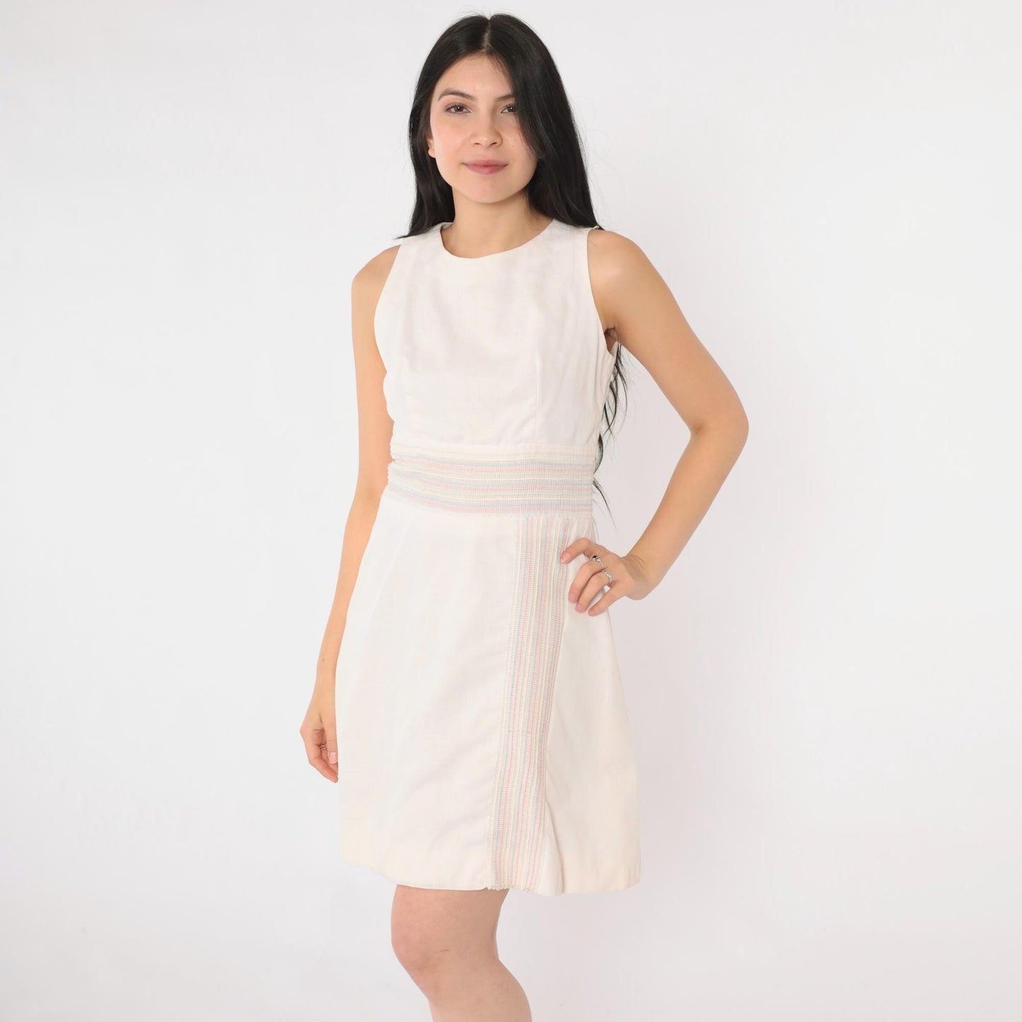 60s Mod Striped Mini Dress White Pastel High Waist Sleeveless A-Line Extra Small