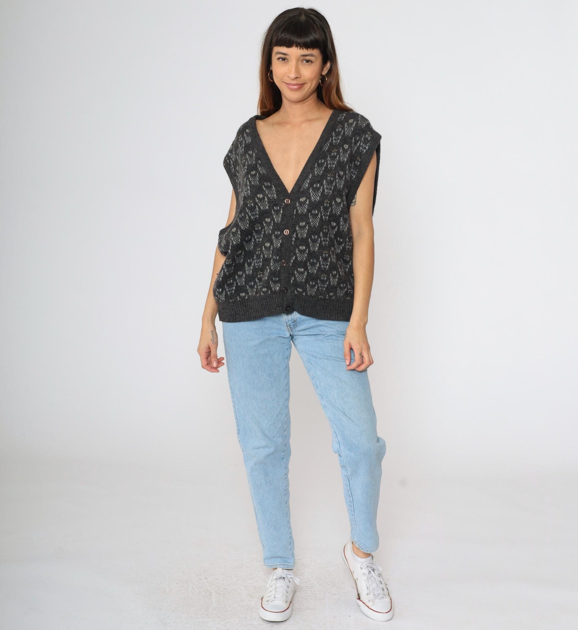 90s Paolo Conti Geometric Knit Vest Grey V-Neck Button Front Large