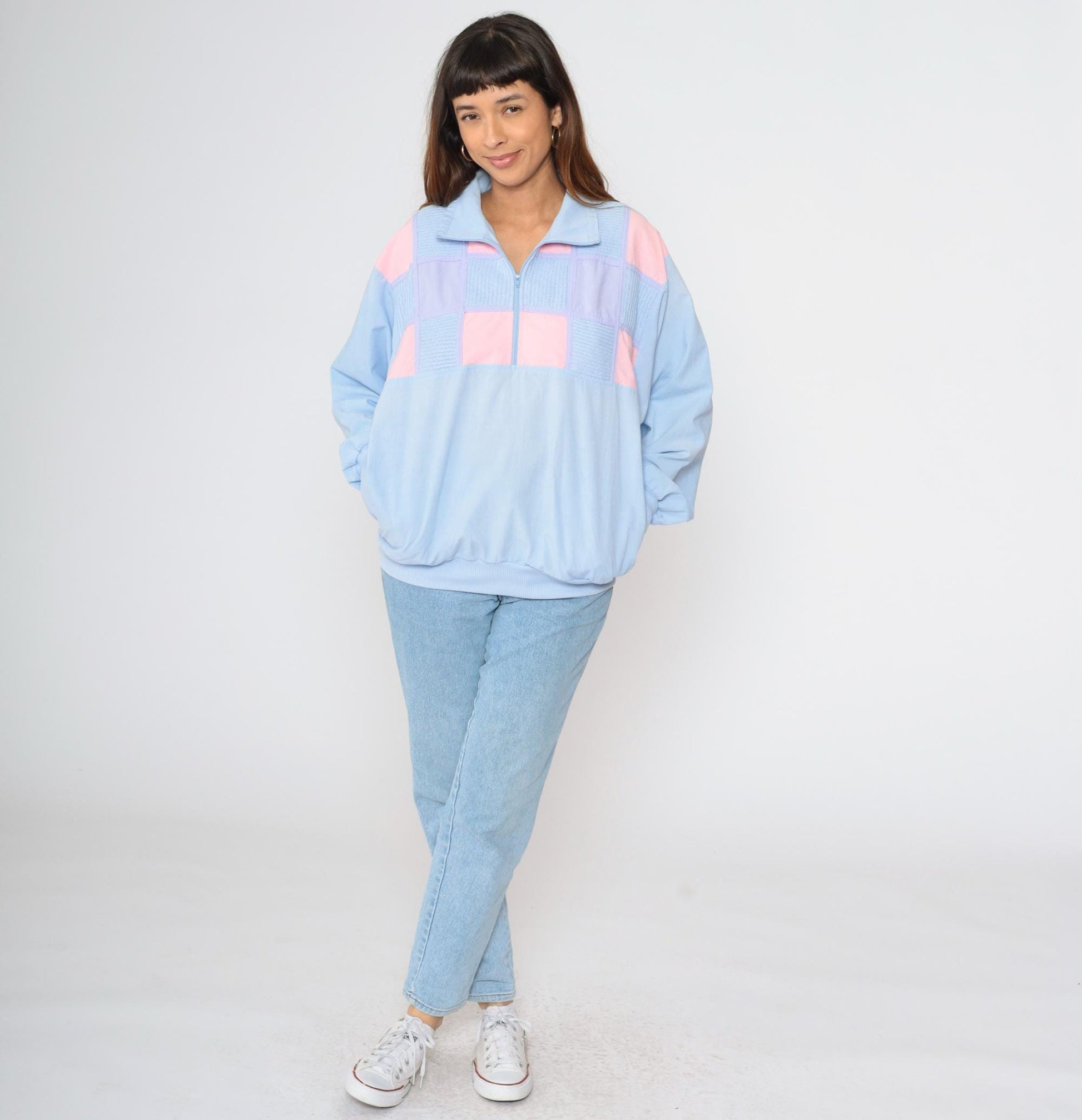 80s Cavalier Colorblock Quarter Zip Pullover Pink Lilac Blue Knit Medium Large
