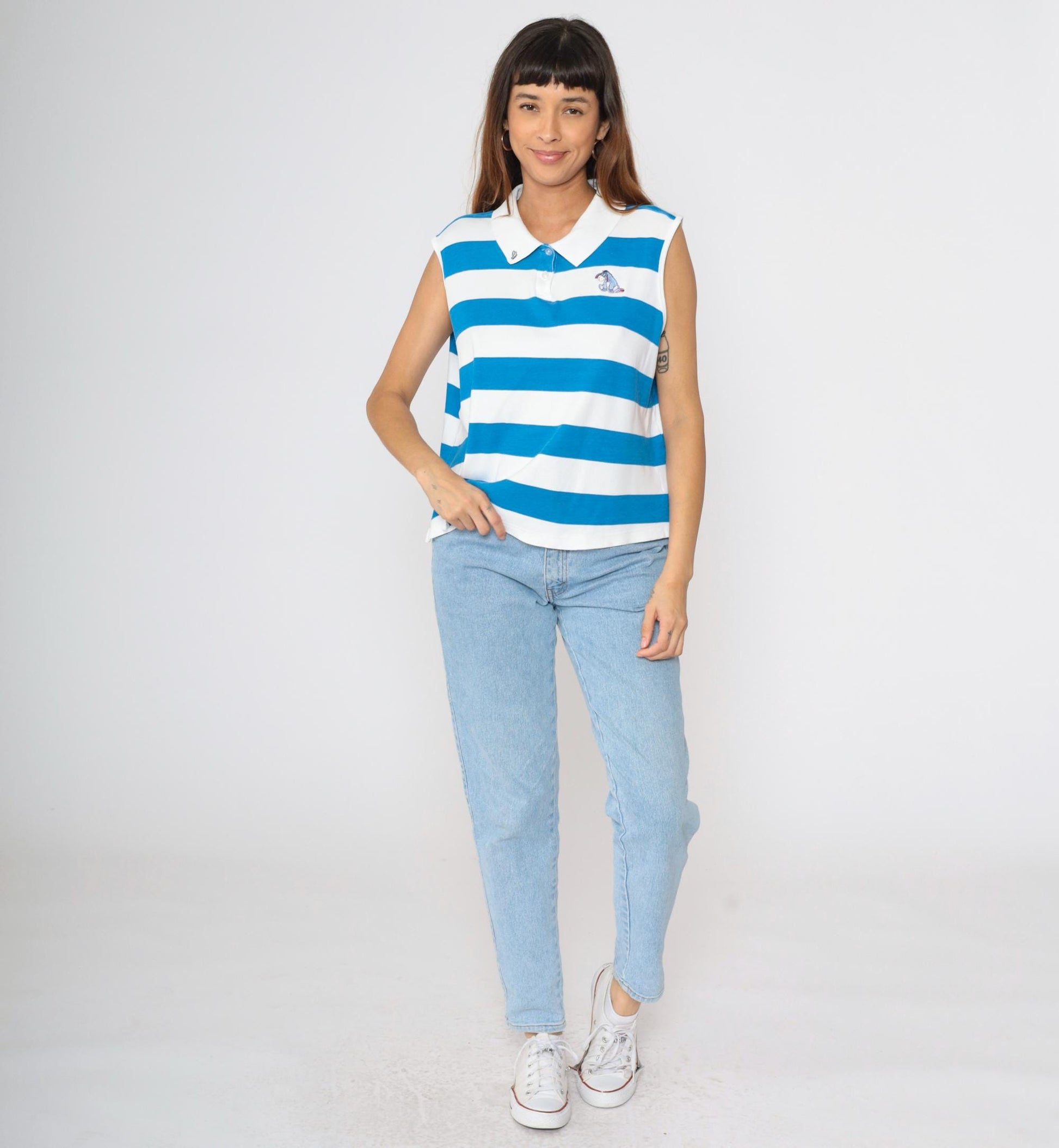 Disney Eeyore Polo Tank Top Blue Striped Embroidered Cotton Extra Large