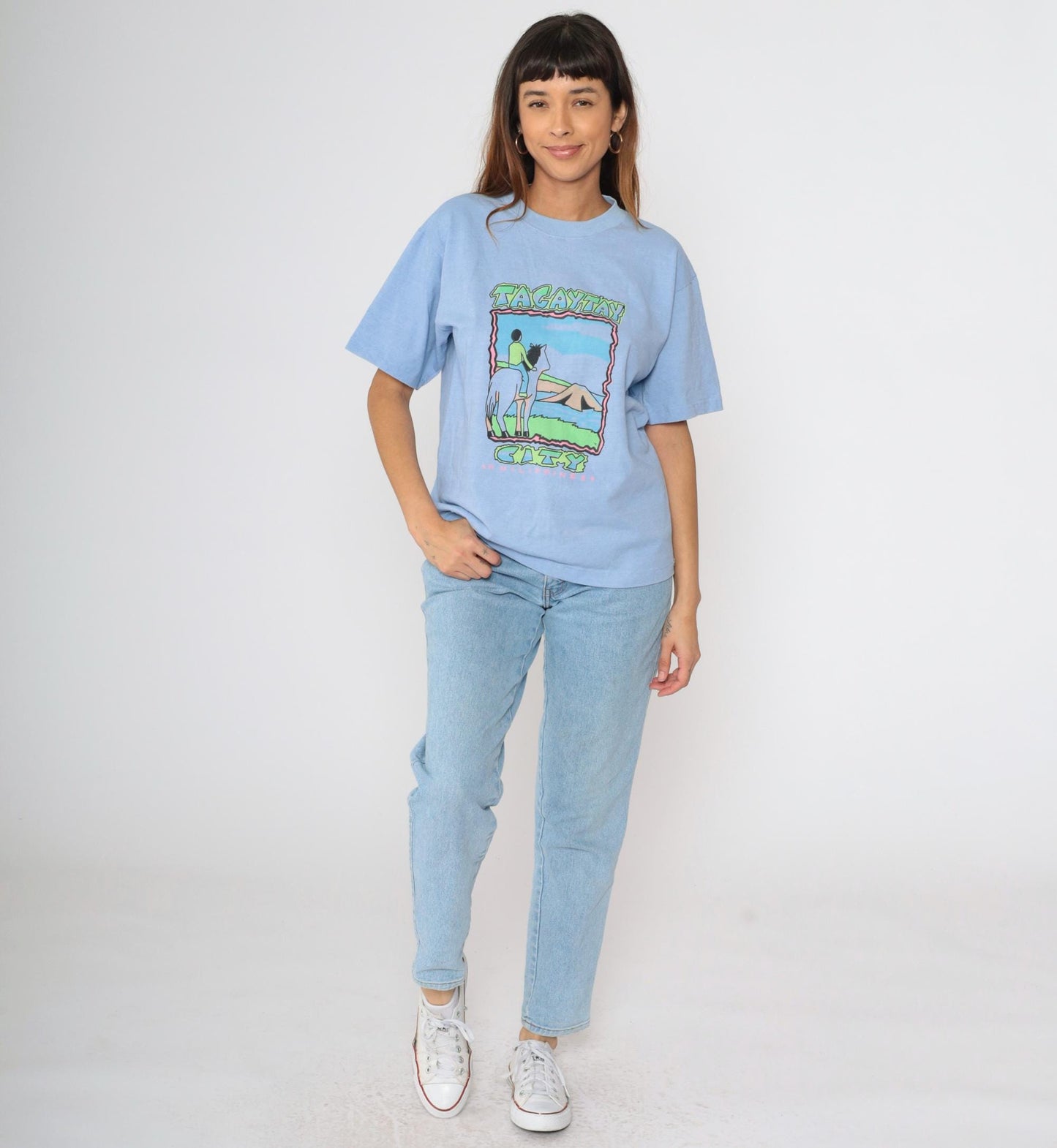Y2K Tagaytay Philippines Neon Graphic Horse T-Shirt Blue Tee Medium