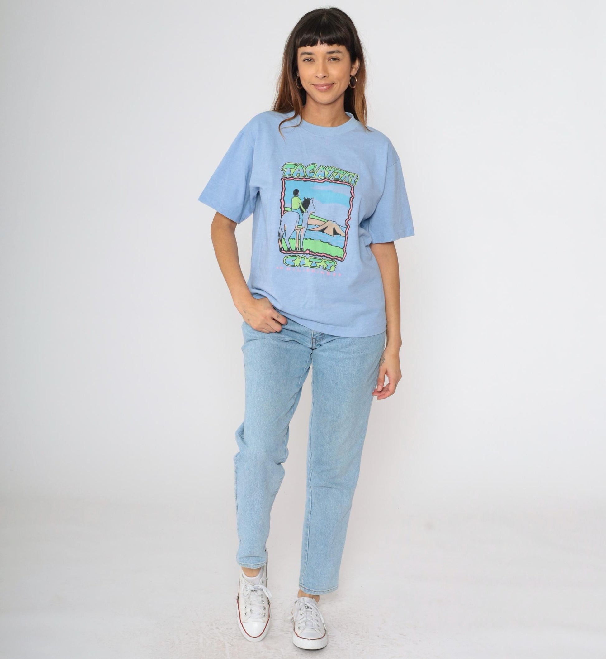 Y2K Tagaytay Philippines Neon Graphic Horse T-Shirt Blue Tee Medium