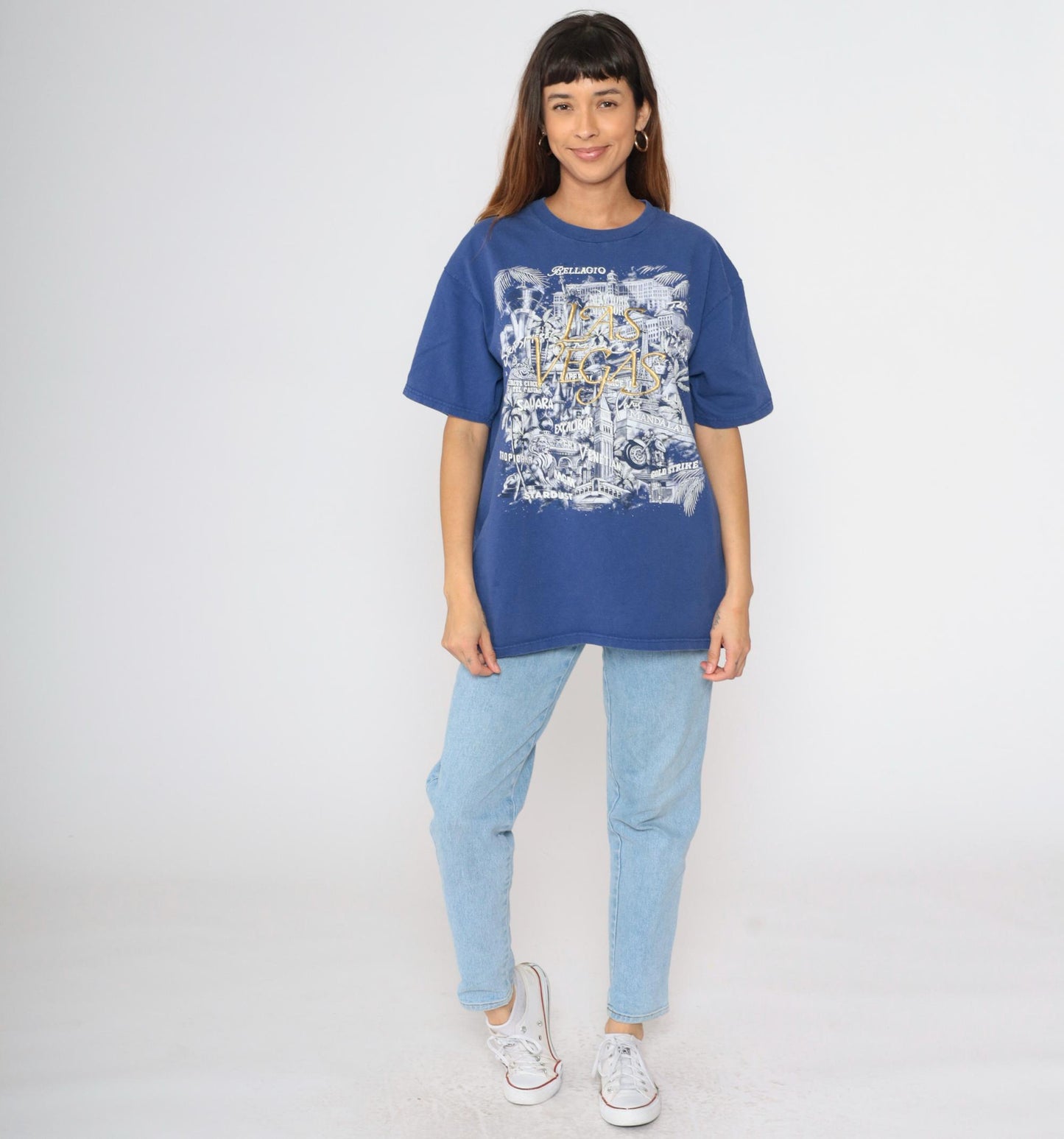 90s Las Vegas Strip Embroidered Graphic T-Shirt Blue Cotton Crewneck Extra Large XL