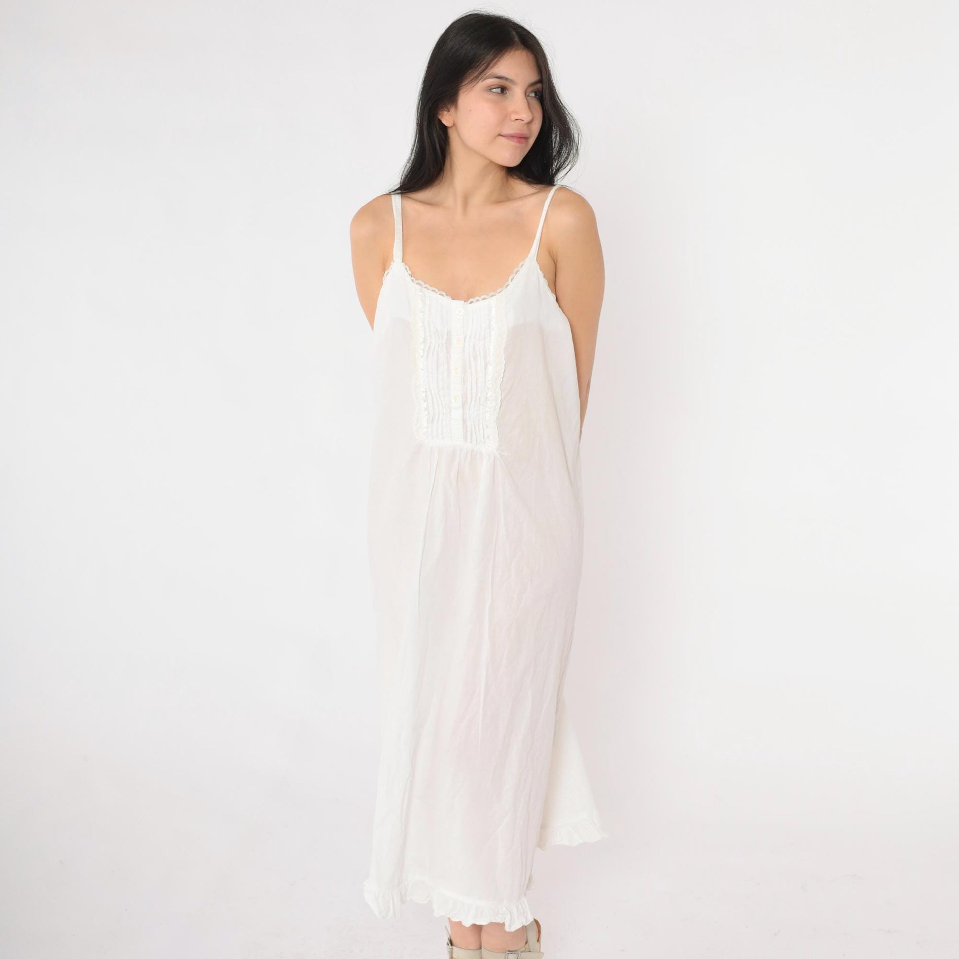 90s Laura Ashley White Cotton Nightgown Pintuck Lace Spaghetti Strap Large
