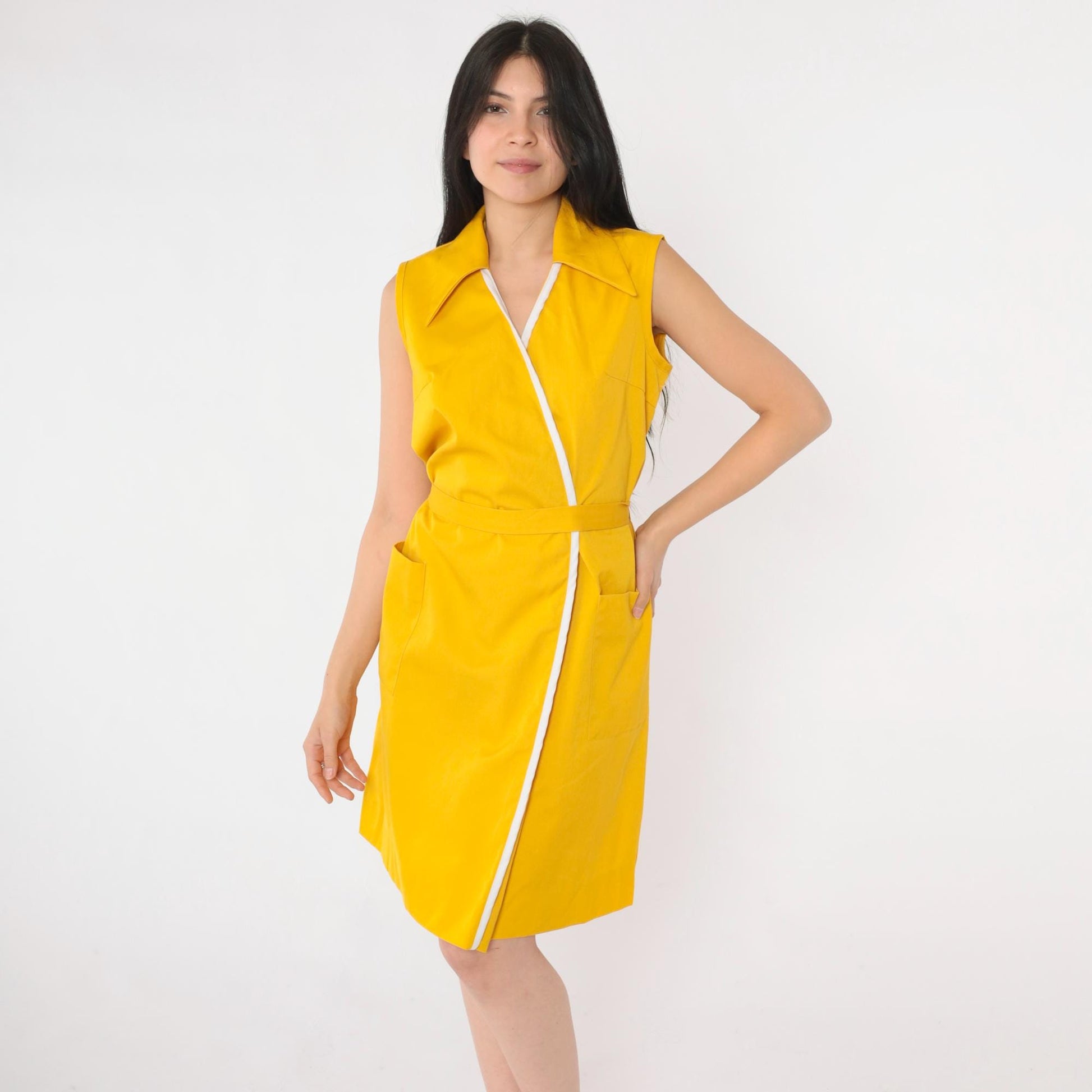 70s Yellow Shift Dress White Trim V-Neck Wrap Mini Sleeveless Small