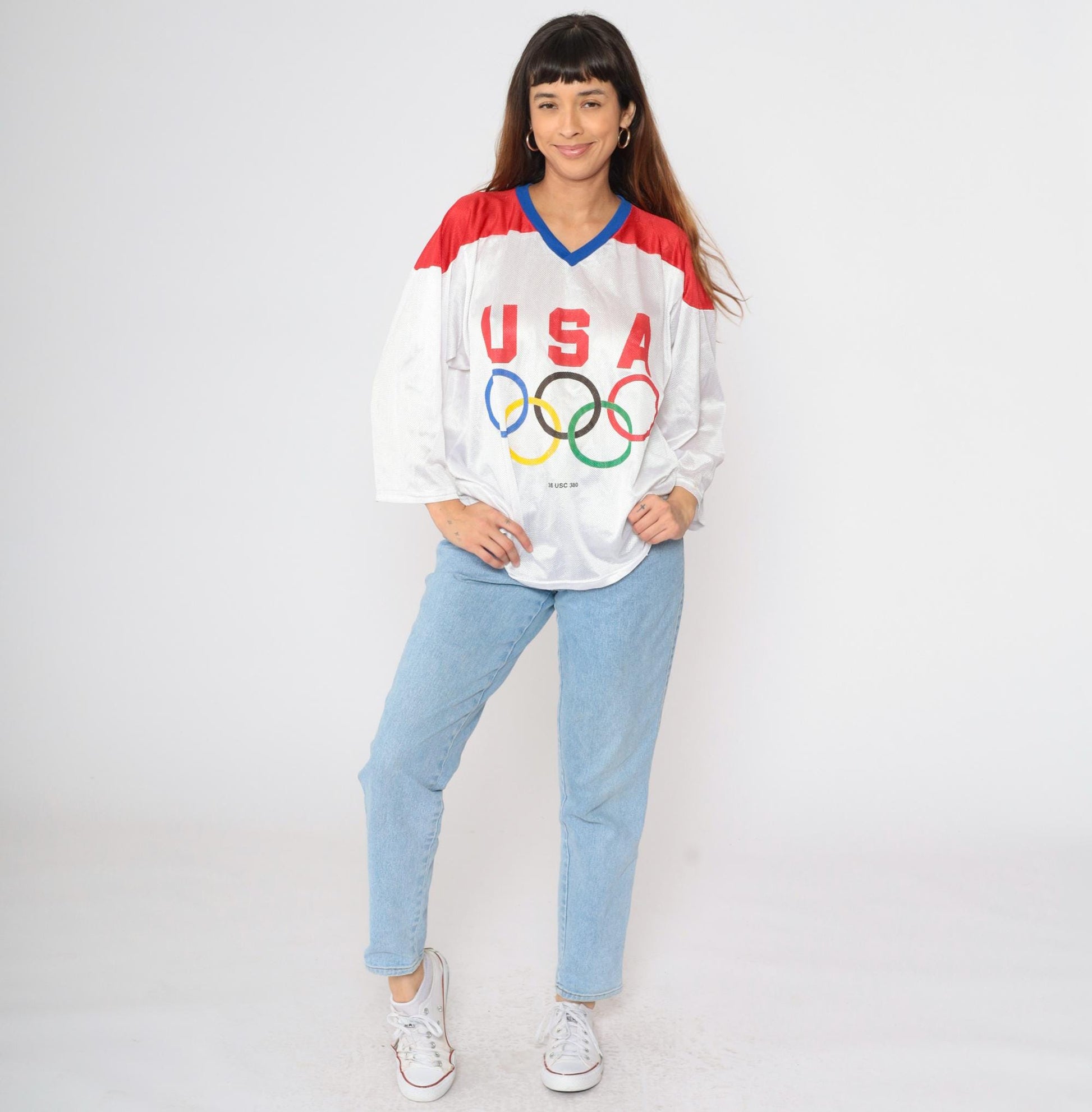 80s USA Mesh Hockey Jersey White Red Blue Block Lettering Medium