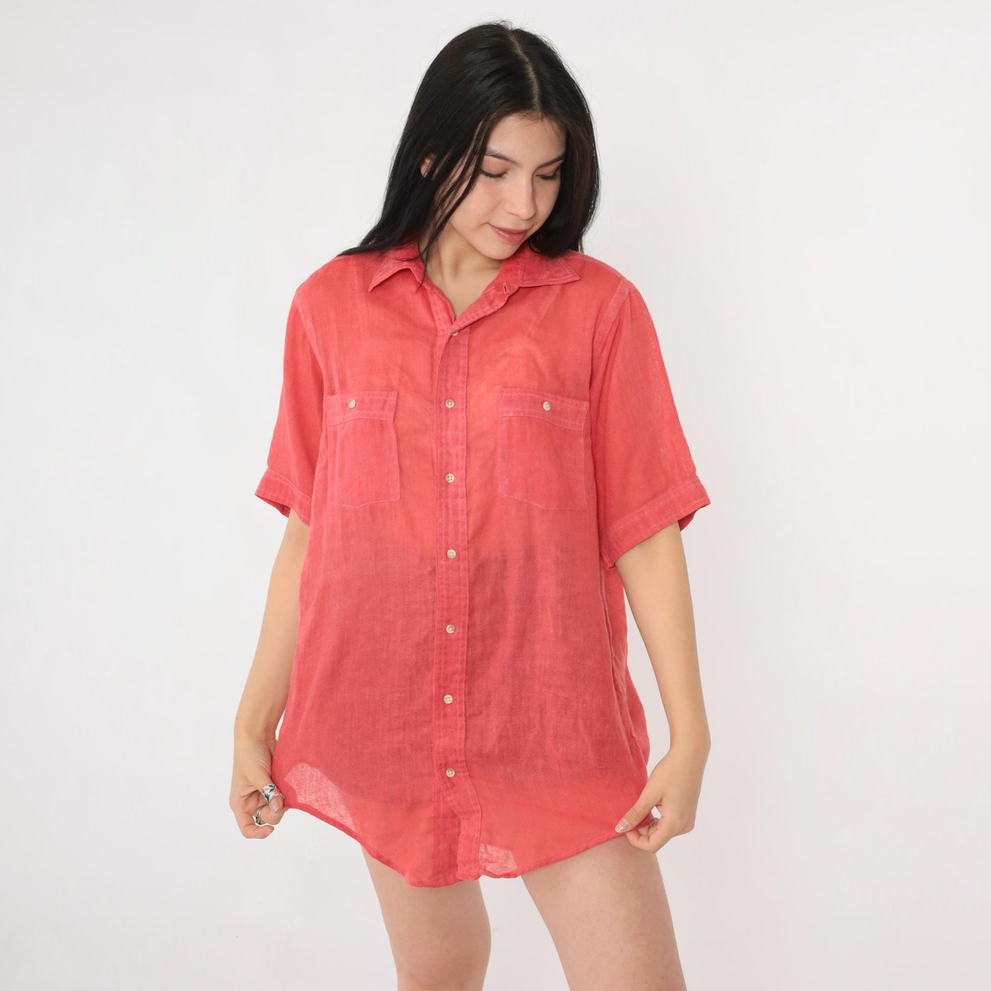 70s Langworthy's Sheer Red Button-Up Shirt Short Sleeve Men's Medium