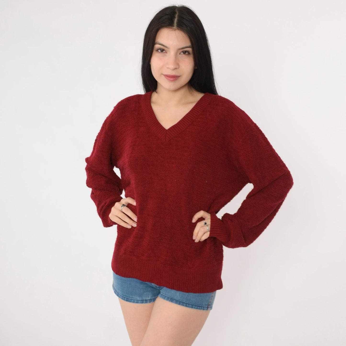 80s Jantzen Loop Knit Sweater Burgundy V-Neck Pullover Medium M