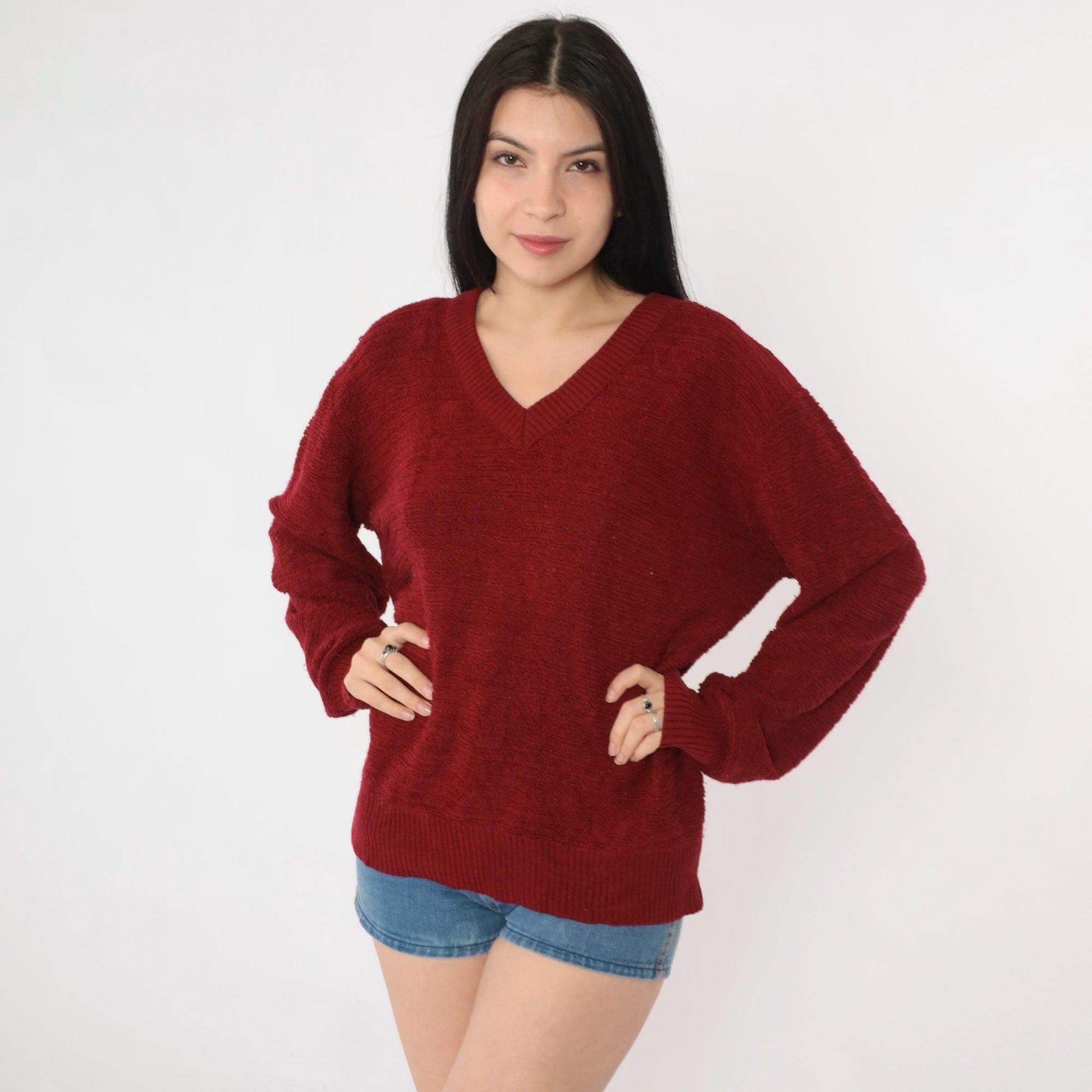 80s Jantzen Loop Knit Sweater Burgundy V-Neck Pullover Medium M
