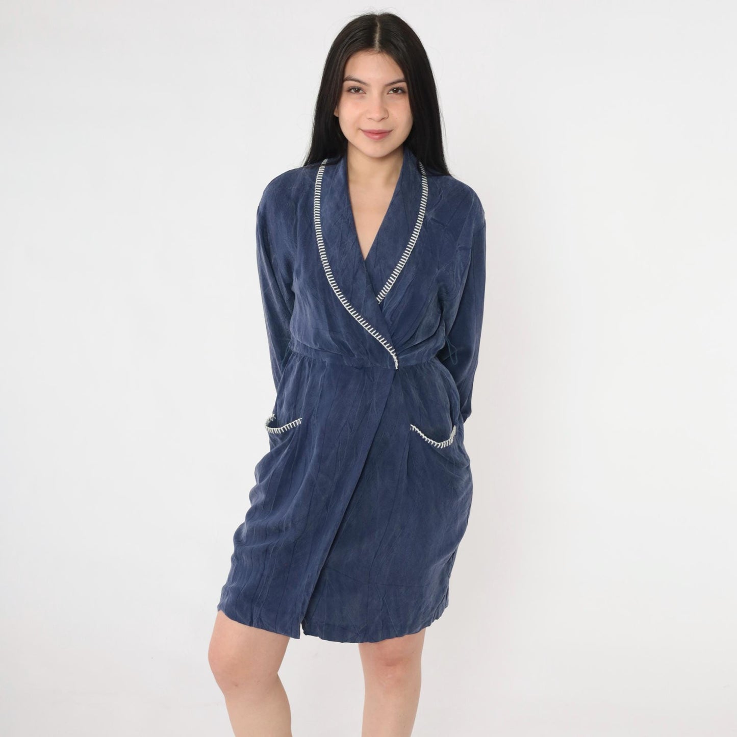90s Petite Sophisticate Navy Faux Wrap Dress Rayon Shawl Collar Mini Small