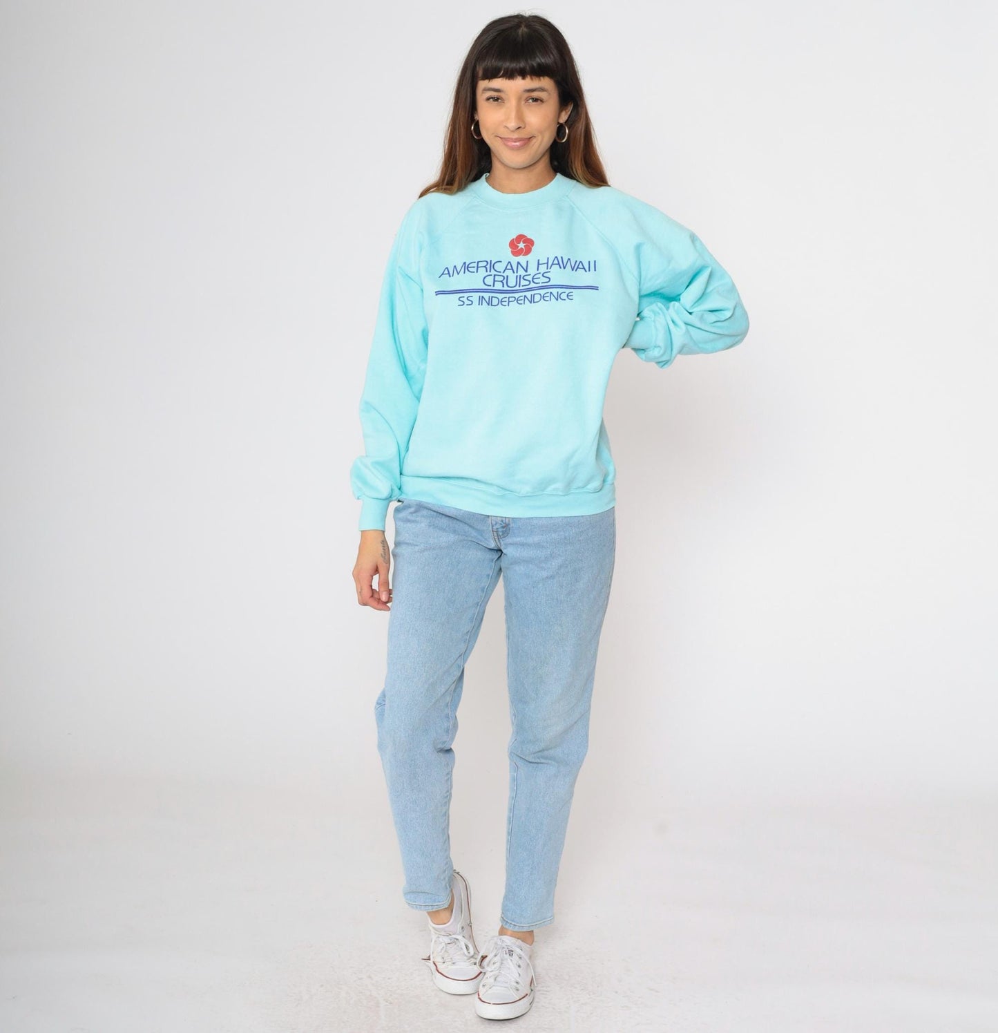 80s American Hawaii Cruises SS Independence Sweatshirt Aqua Graphic Large