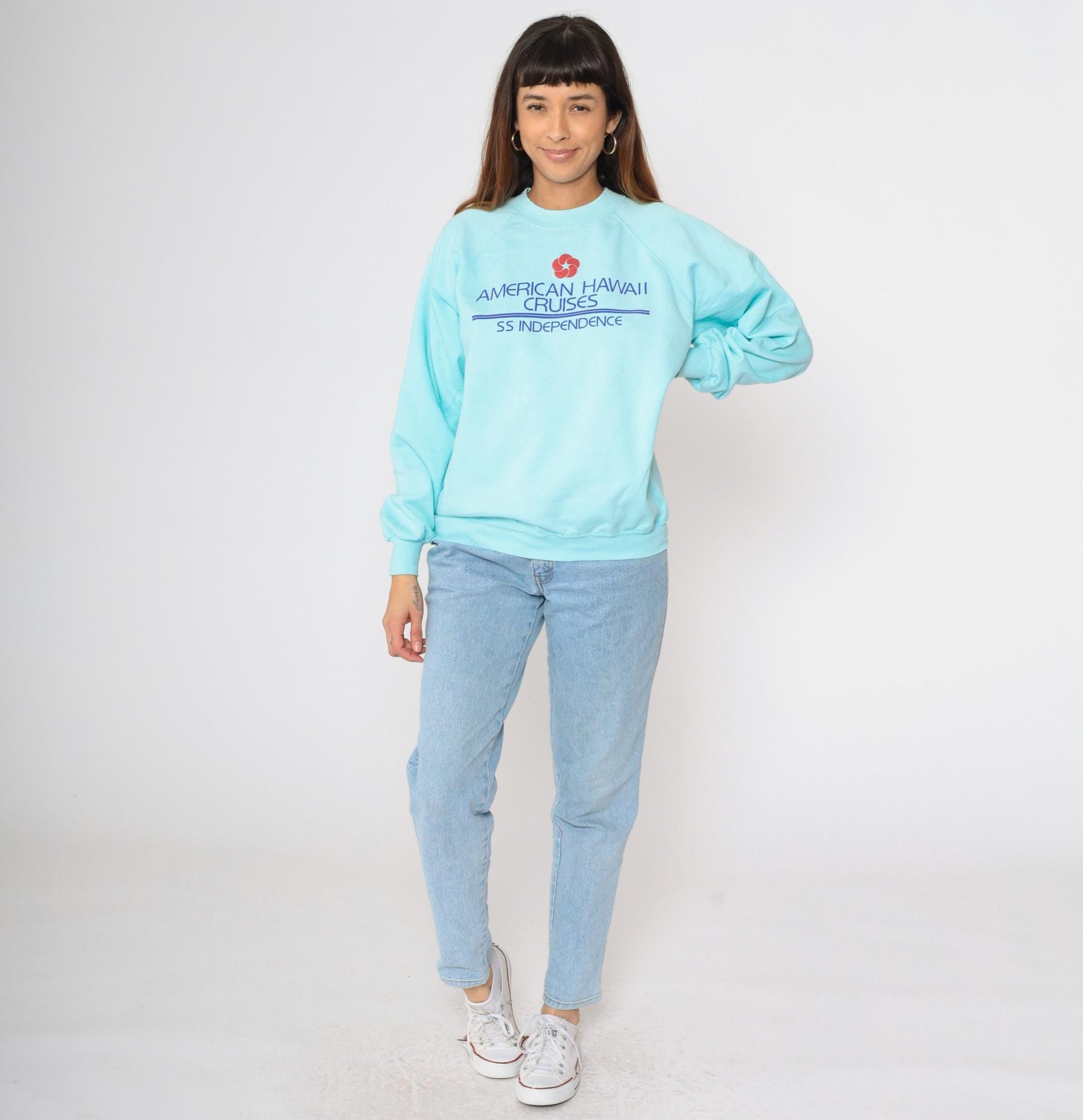 80s American Hawaii Cruises SS Independence Sweatshirt Aqua Graphic Large