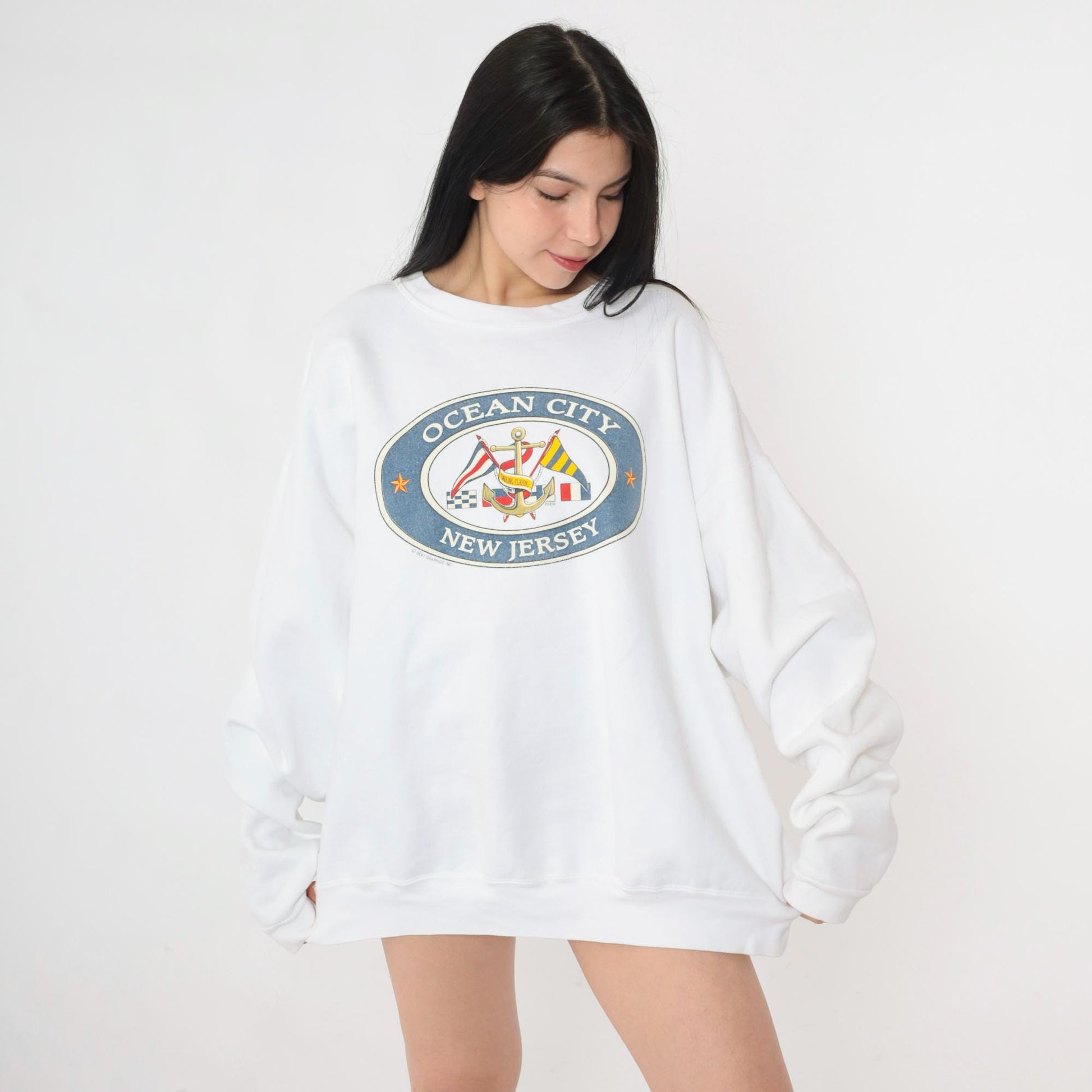 90s Ocean City New Jersey Nautical Anchor Graphic Sweatshirt White Crewneck XXL