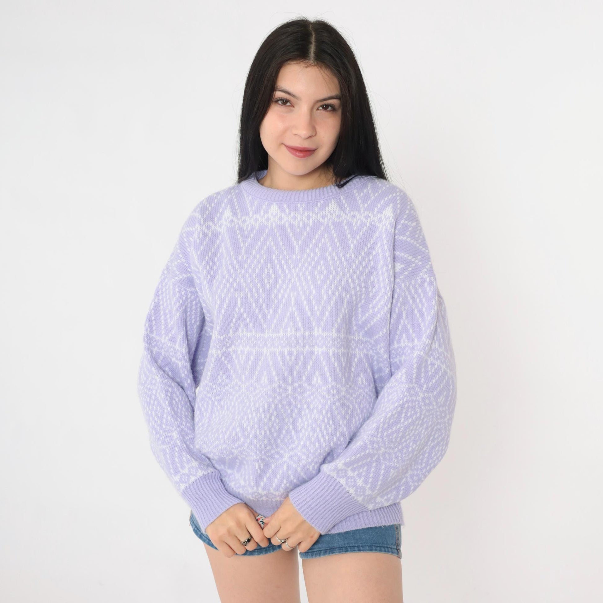 80s Lavender Diamond Geometric Knit Sweater Crewneck Pullover Medium Large