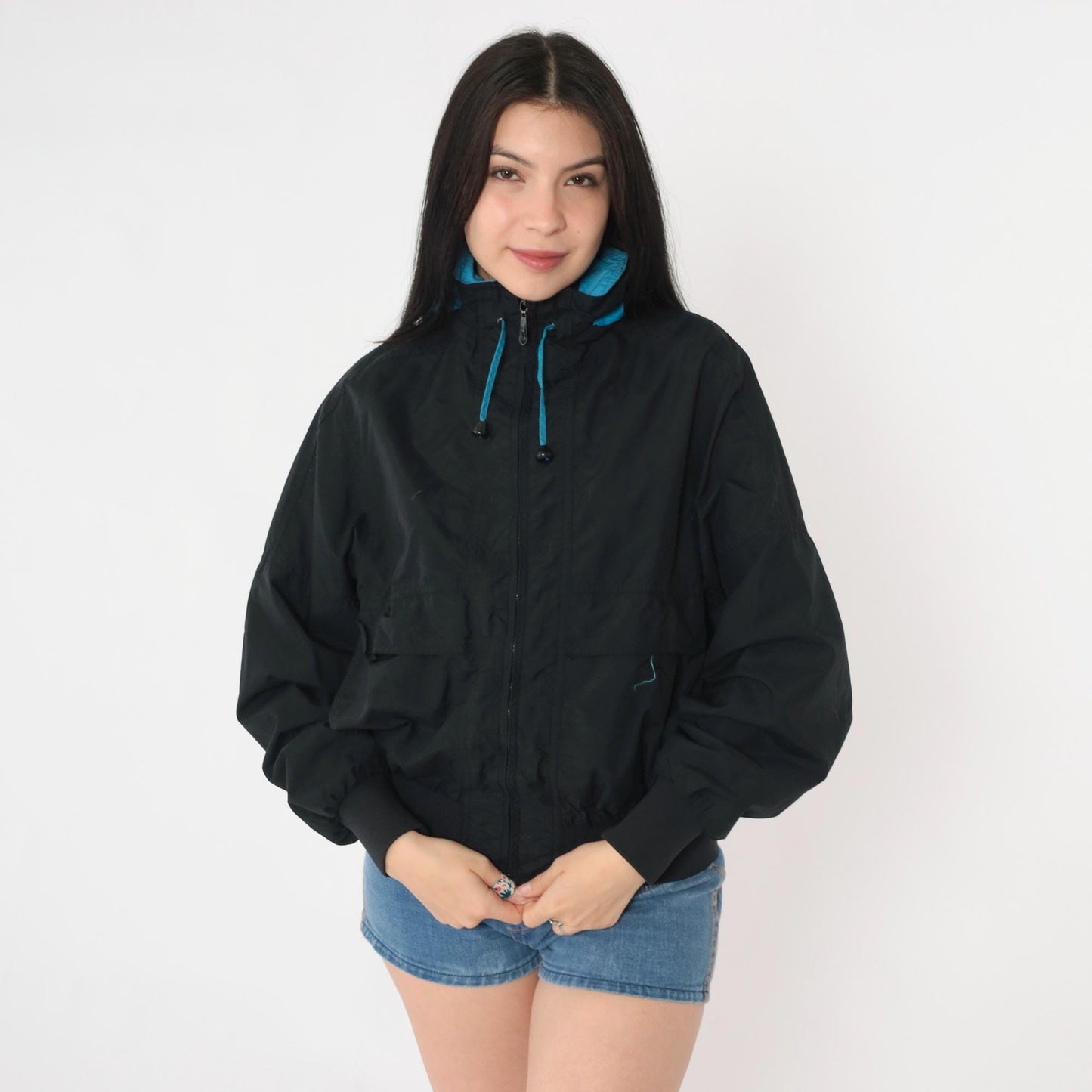 80s Pacific Trail Black Hooded Windbreaker Jacket Blue Trim Extra Small