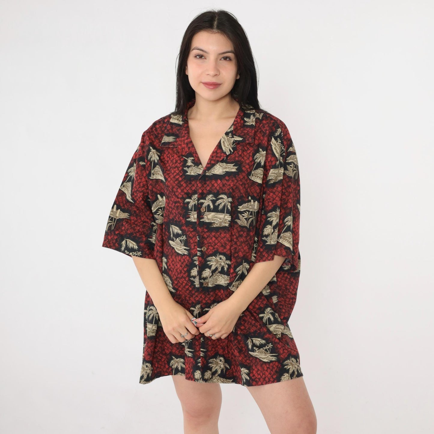 90s Aloha Line Hawaiian Shirt Red Palm Tree Print Button Up XXL