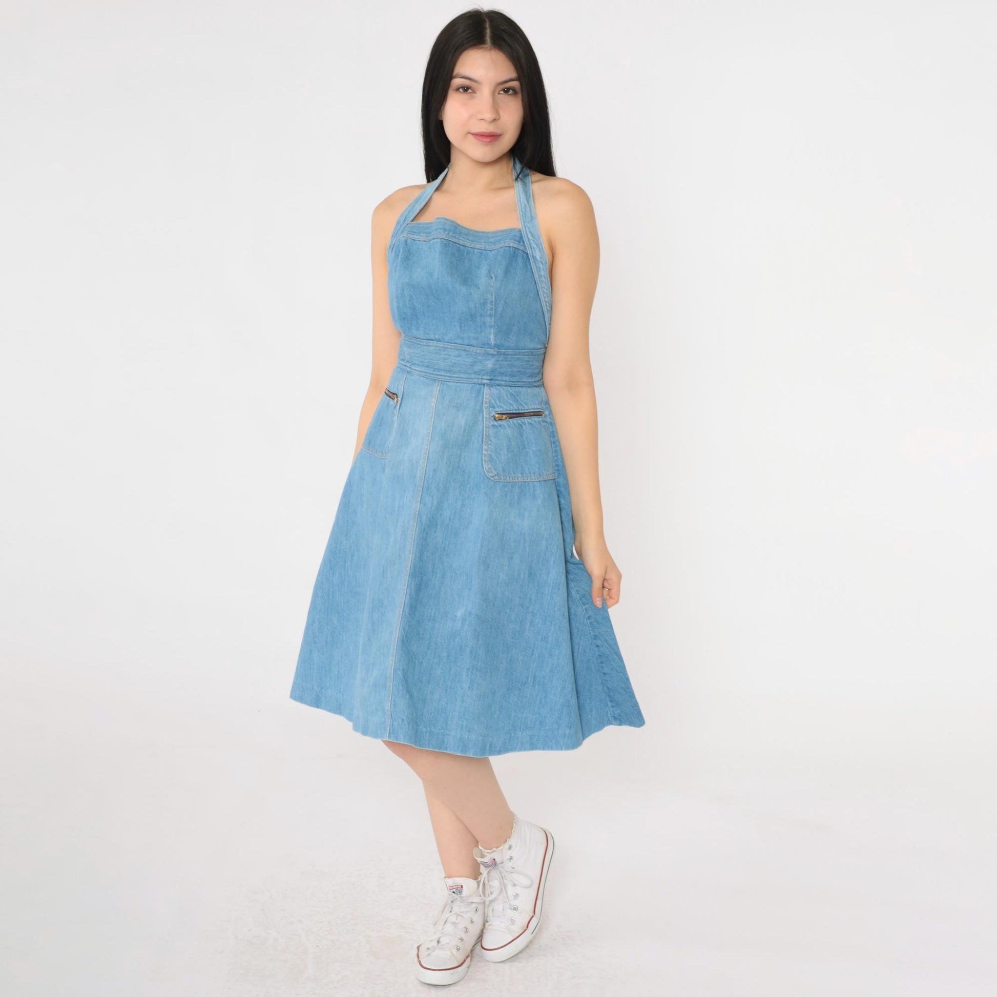 70s Denim Halter Dress Light Wash Backless Apron Front Midi Knee Length XS