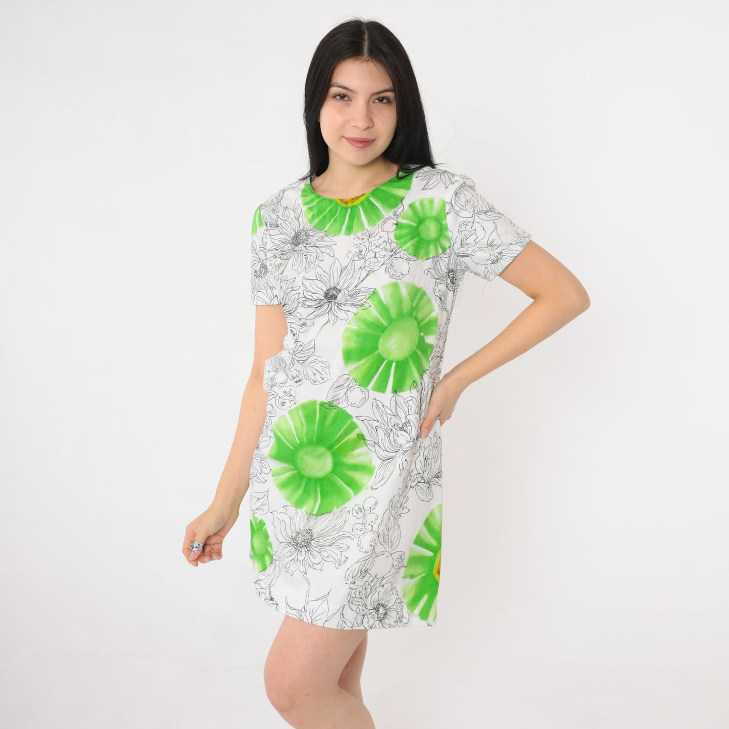 90s White Floral Mini Dress Green Black Graphic Short Sleeve Shift Small S