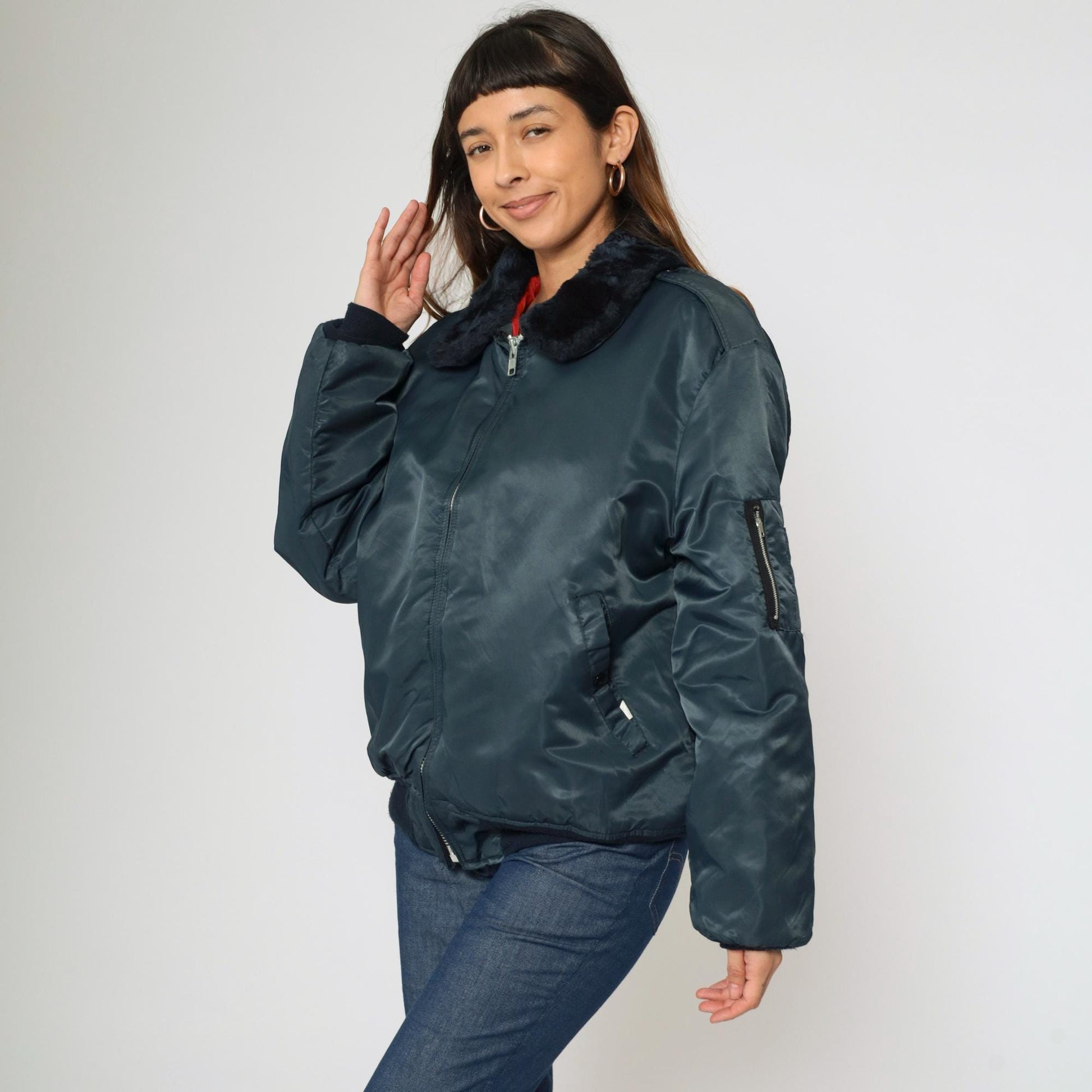 90s Dickies Navy Bomber Jacket Faux Fur Collar Quilted Lining Large L