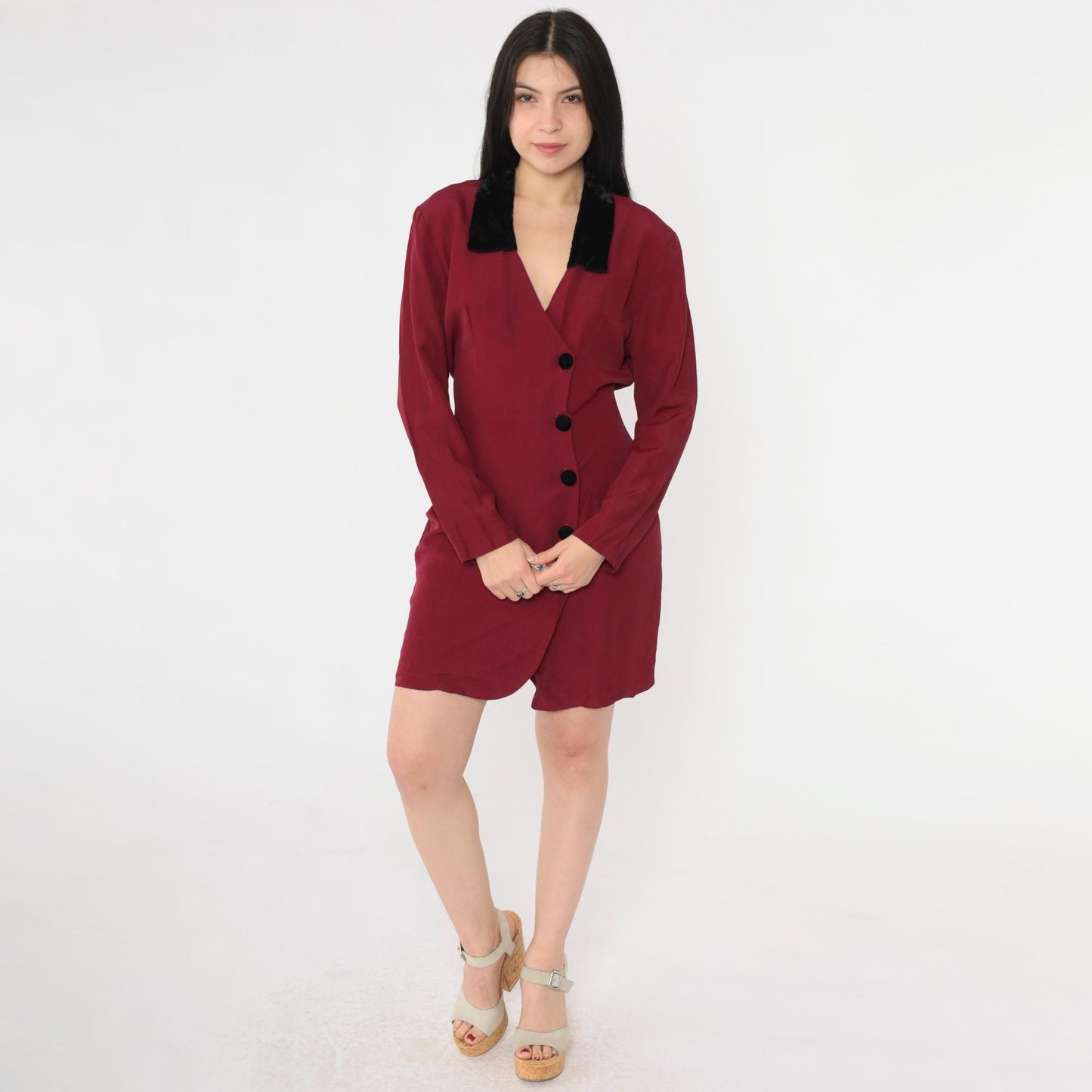 90s Burgundy Velvet Collar Mini Dress Button-Up Sheath Long Sleeve Small