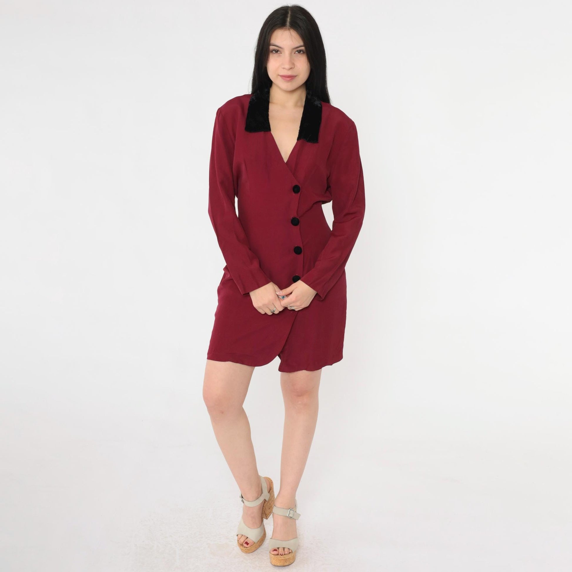 90s Burgundy Velvet Collar Mini Dress Button-Up Sheath Long Sleeve Small