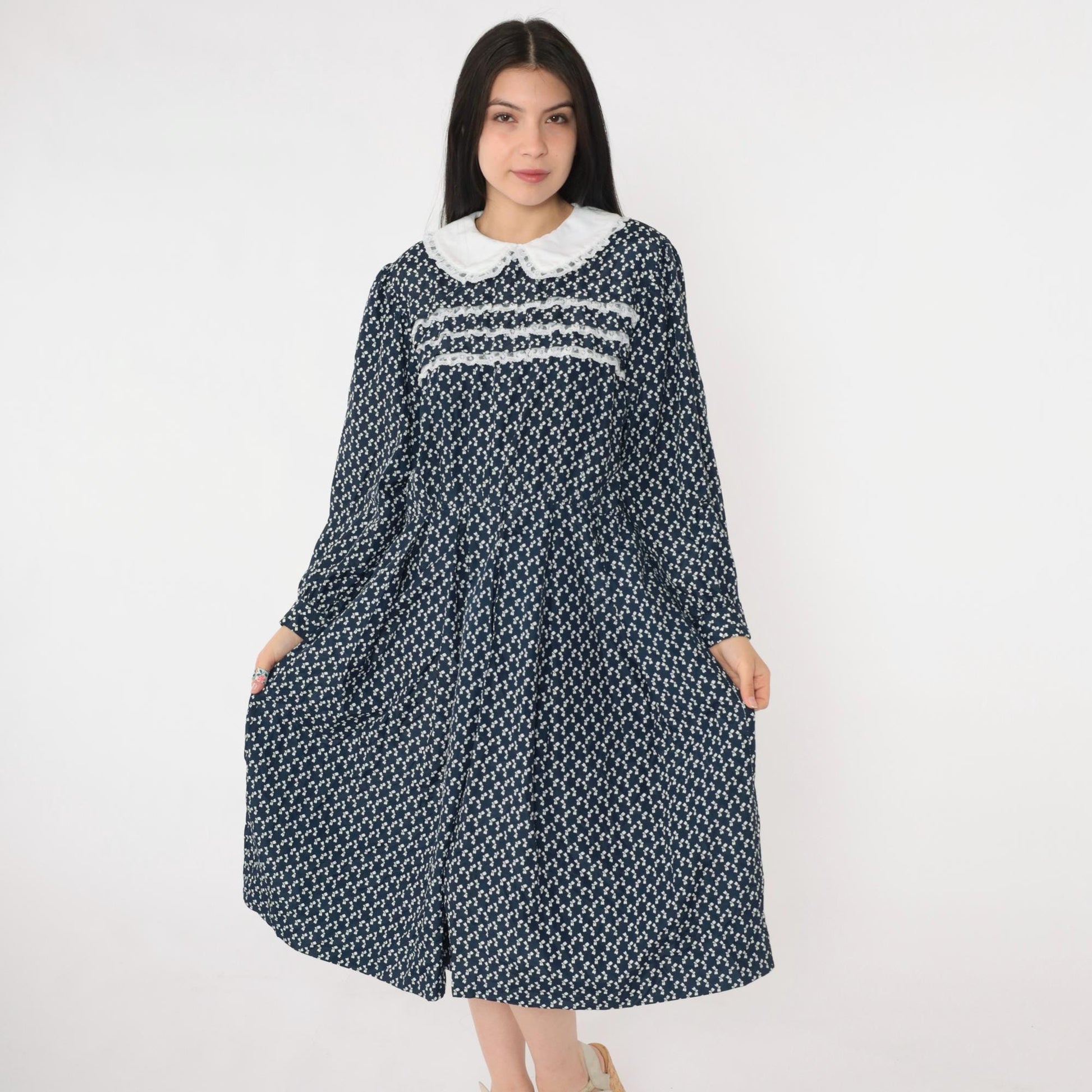 80s Navy Bow Print Midi Dress Peter Pan Collar Lace Trim Long Sleeve Medium Large