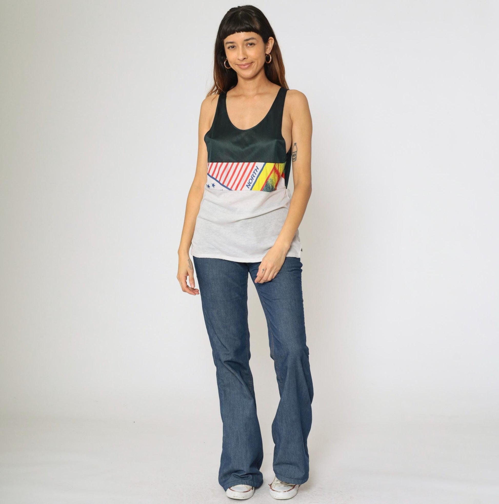 90s Colorblock Mesh Athletic Tank Top Flag Graphic Black White Small S
