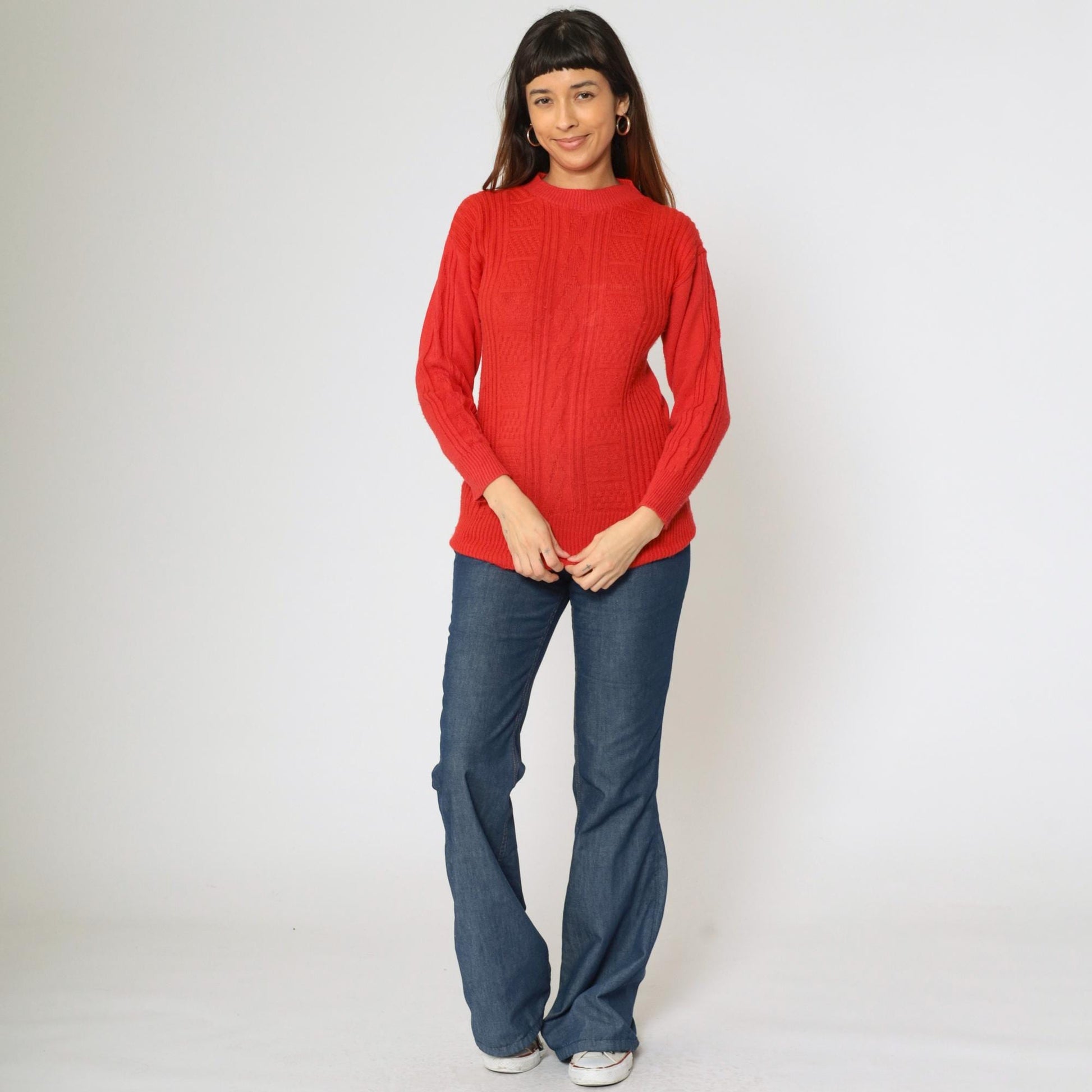 80s Cable Knit Sweater Red Textured Pullover Crewneck Extra Small