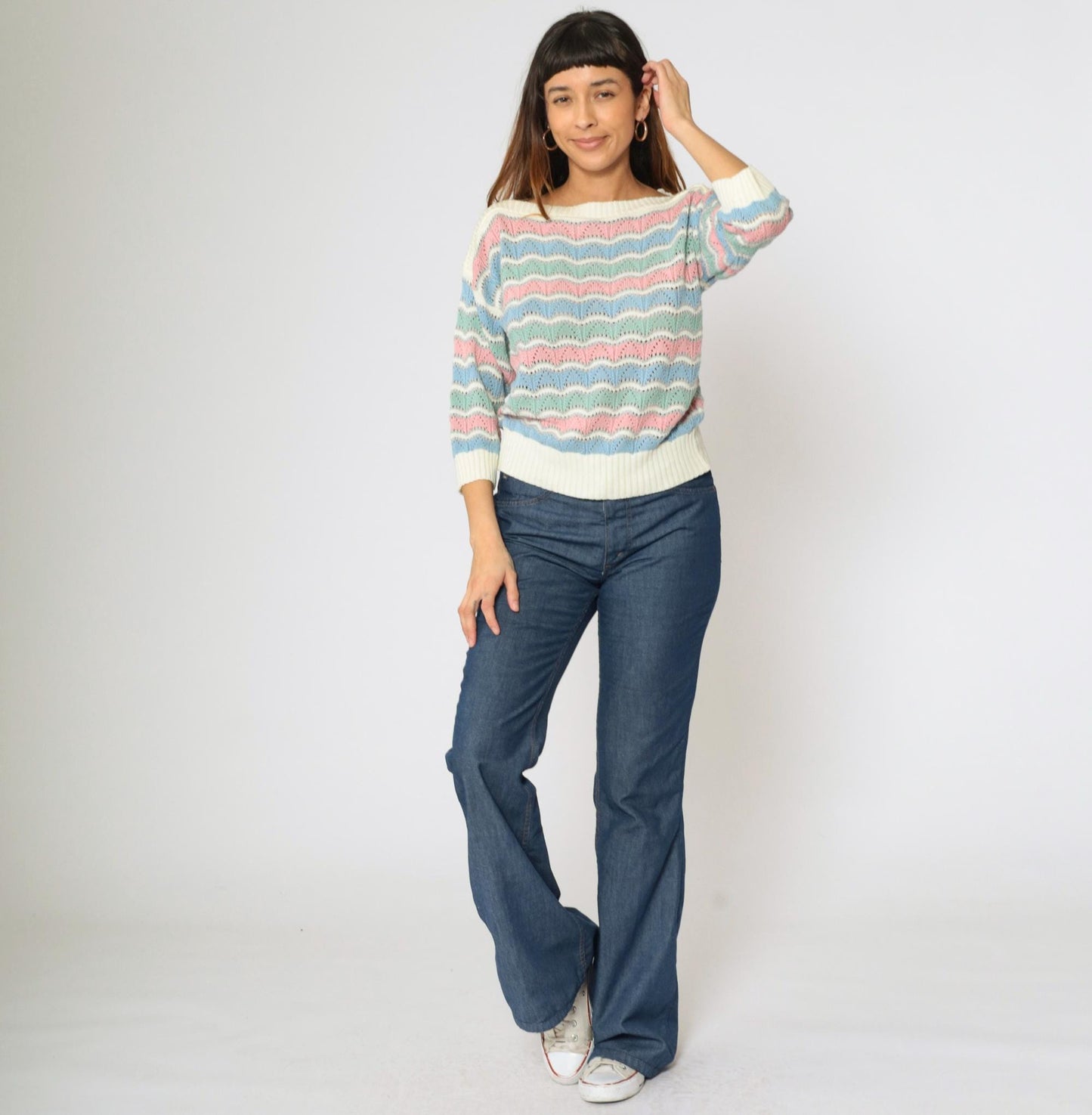 80s Bellocco Pastel Striped Pointelle Sweater Boatneck Knit Medium