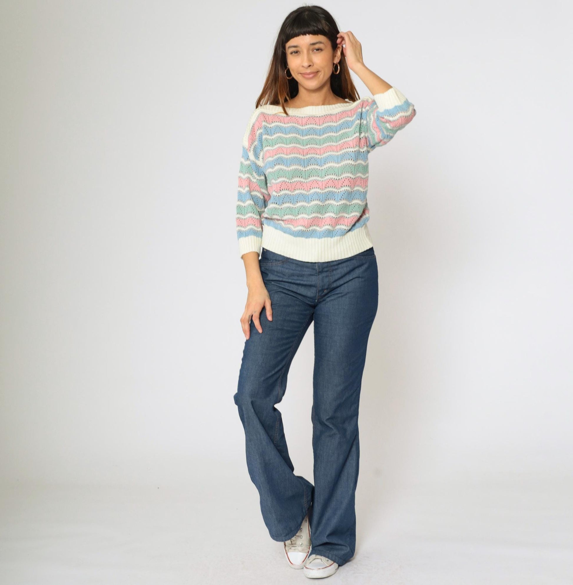 80s Bellocco Pastel Striped Pointelle Sweater Boatneck Knit Medium