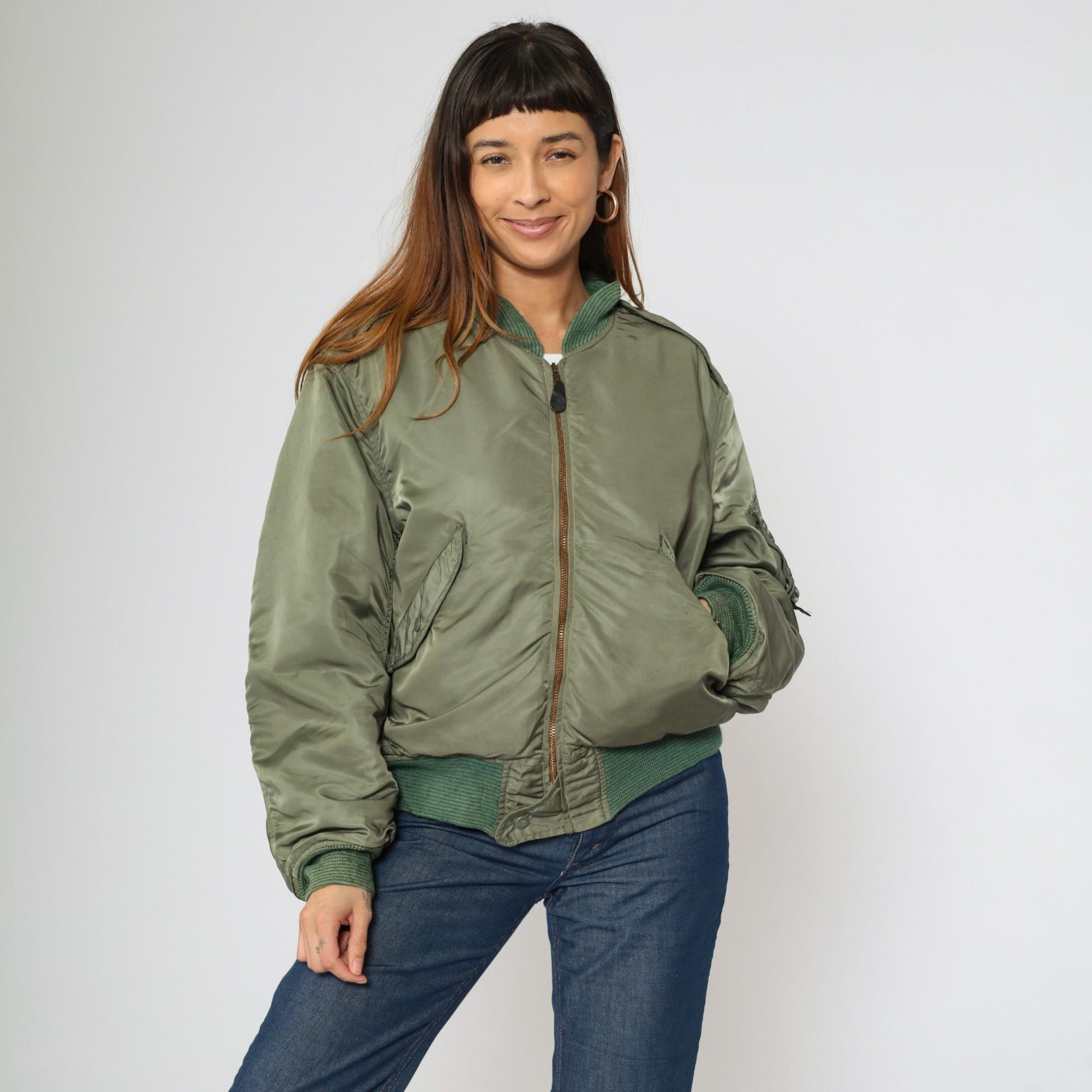 1960s USAF MA-1 Flight Jacket Alpha Industries Sage Green Orange Lined Large