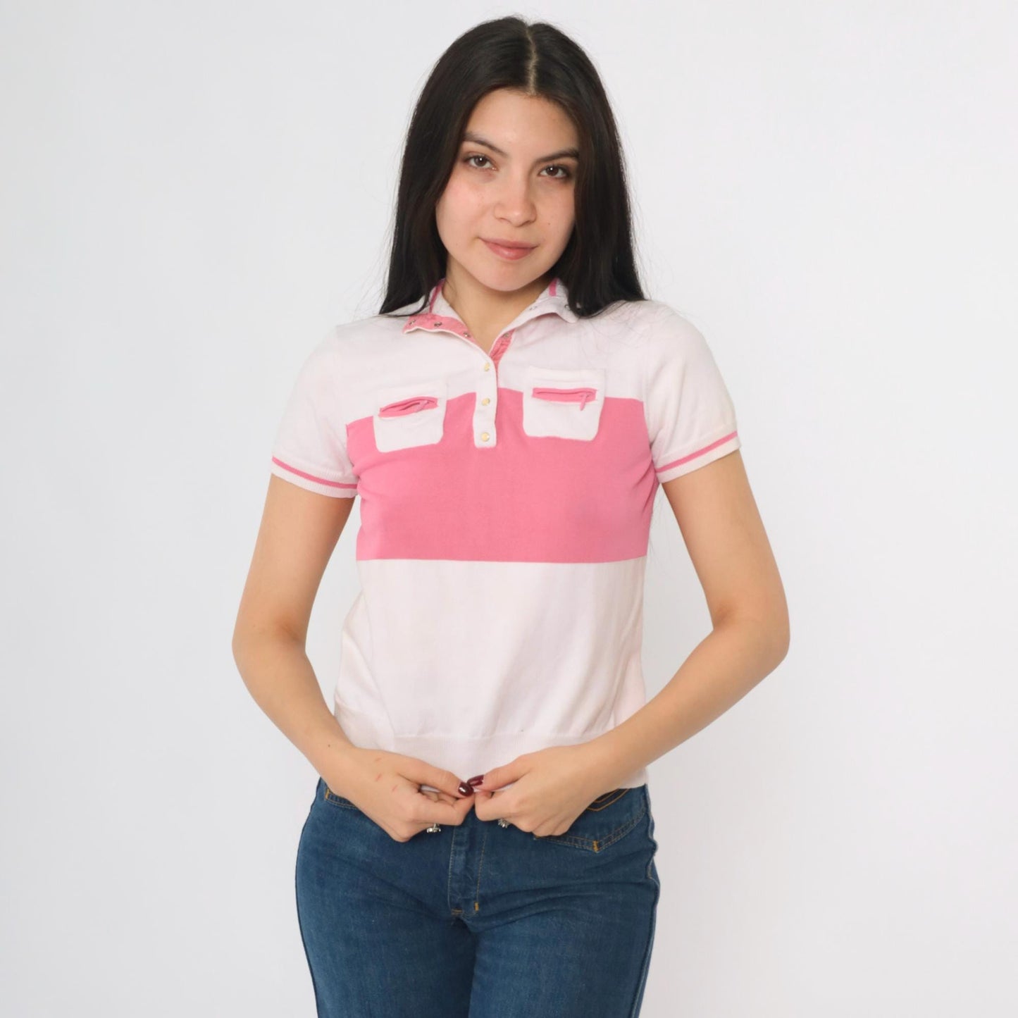 80s Jamie Sadock Striped Polo Shirt White Pink Snap Button Short Sleeve Extra Small