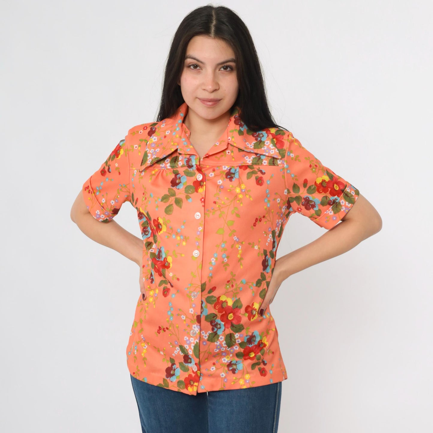 70s Smartique Floral Button-Up Blouse Orange Dagger Collar Short Sleeve Medium