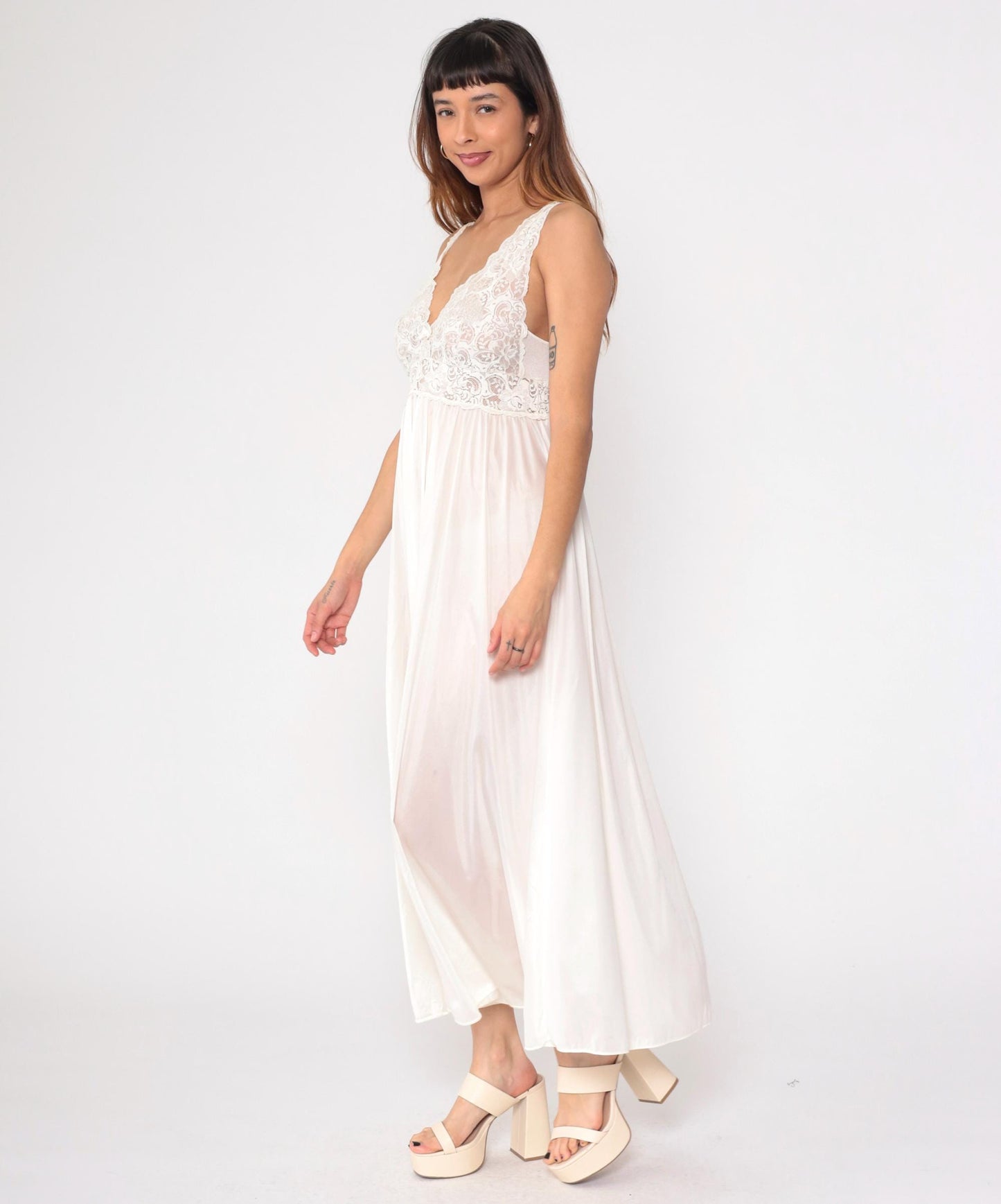 80s Shadowline White Lace Maxi Nightgown Sheer V-Neck Sleeveless Small