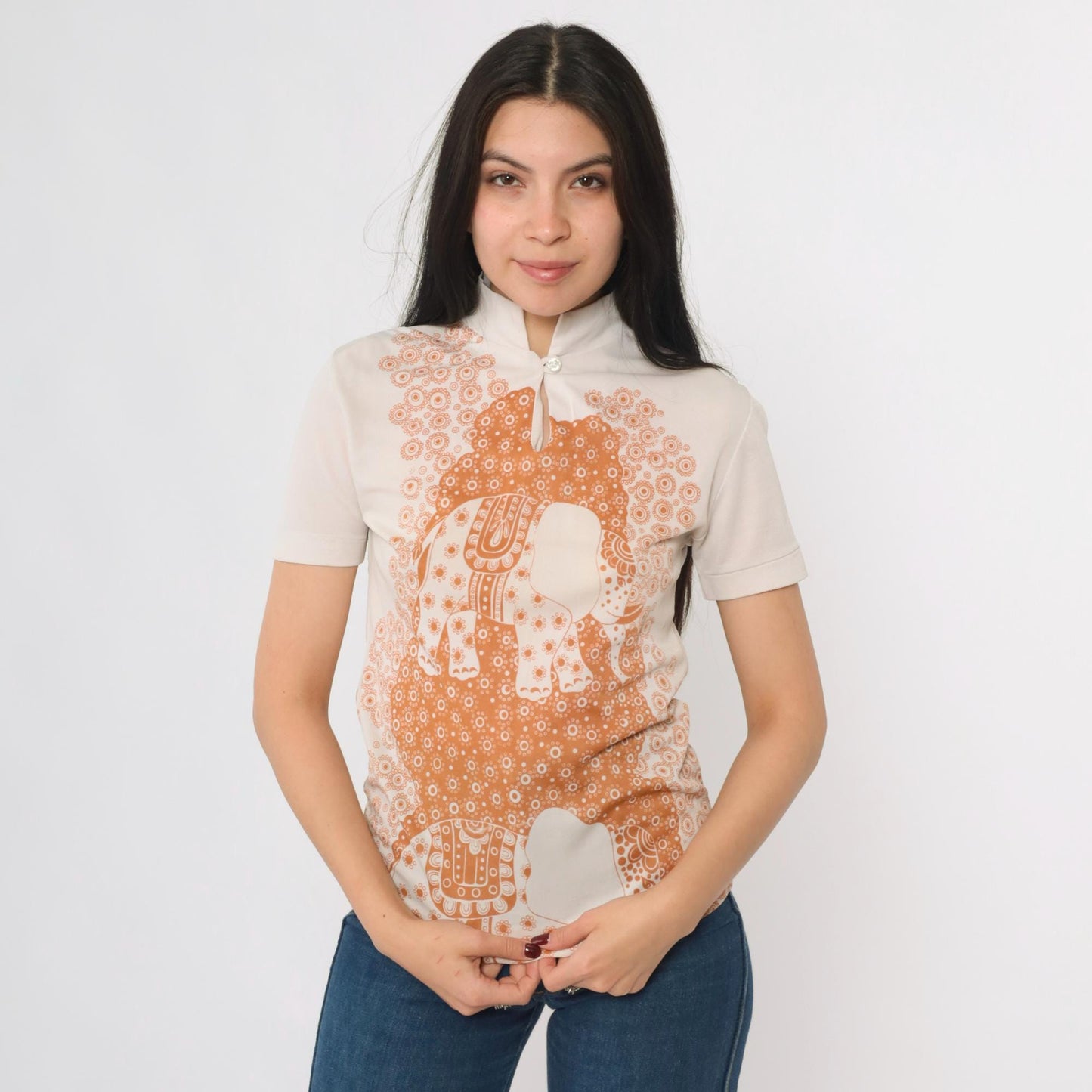70s Elephant Mandarin Collar Shirt Beige Burnt Orange Print XS