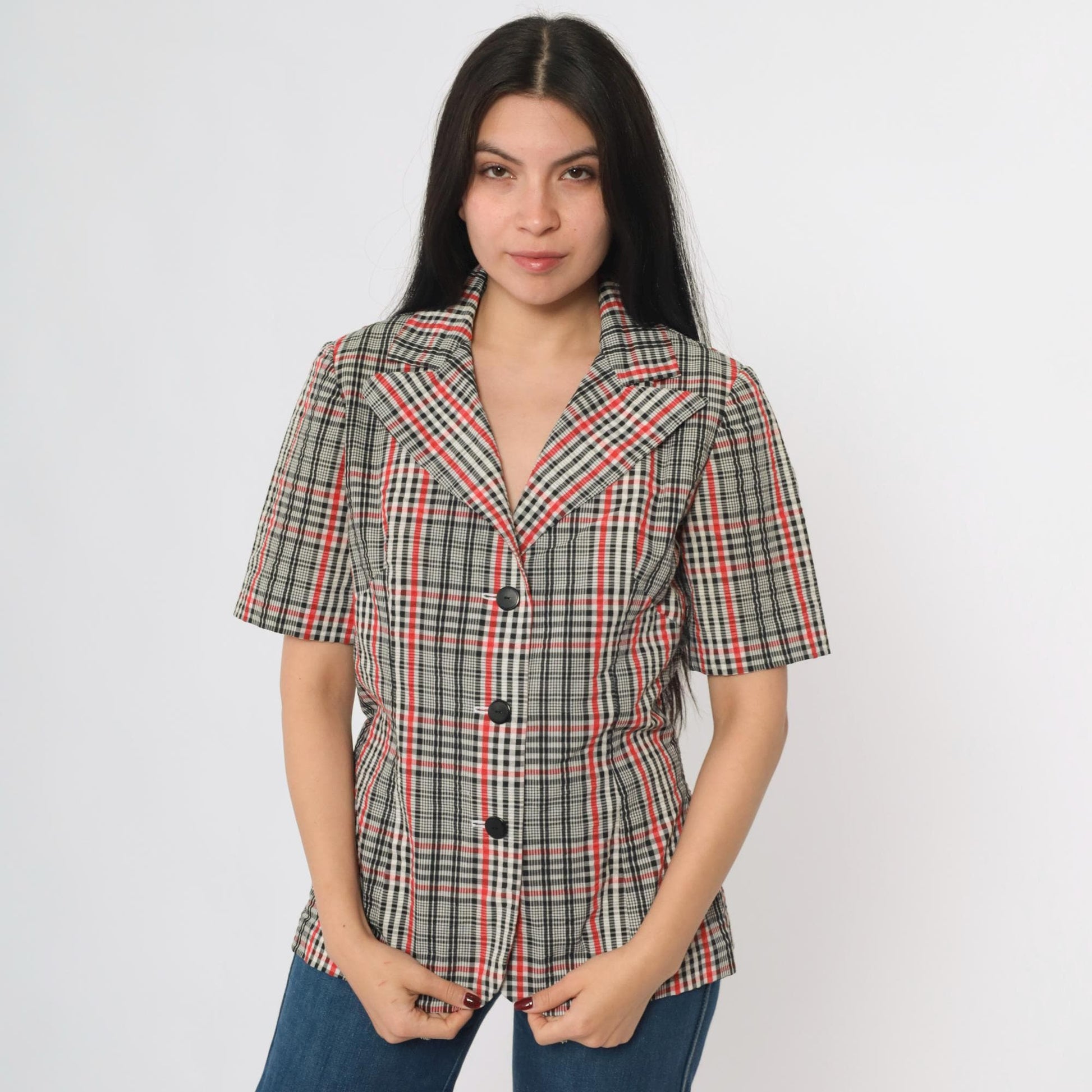 70s Black White Red Plaid Button-Up Blouse Short Sleeve Collared Shirt Medium