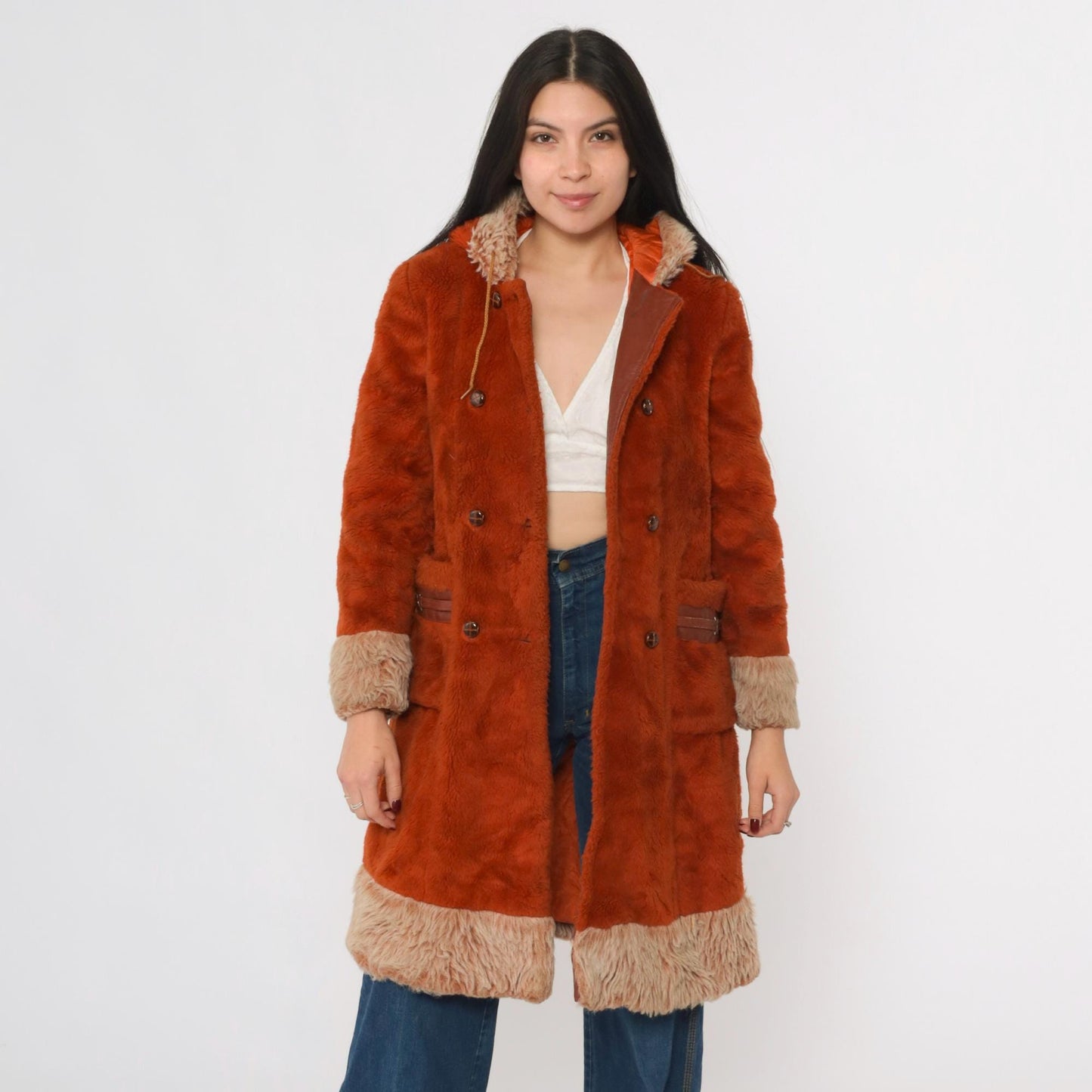 70s Burnt Orange Faux Fur Hooded Jacket Double Breasted Extra Small
