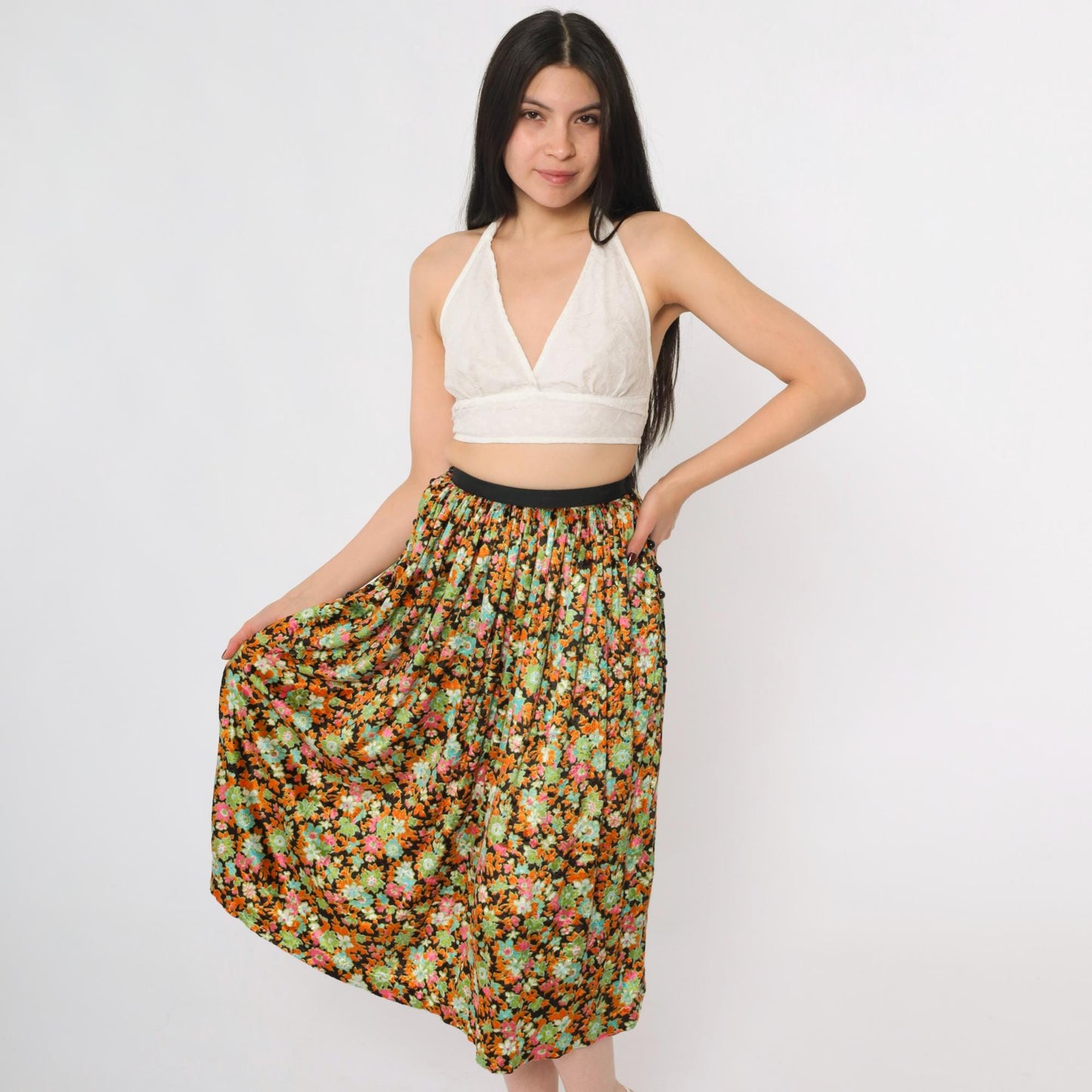 70s Floral Velvet Midi Skirt High Waisted Orange Green XXS