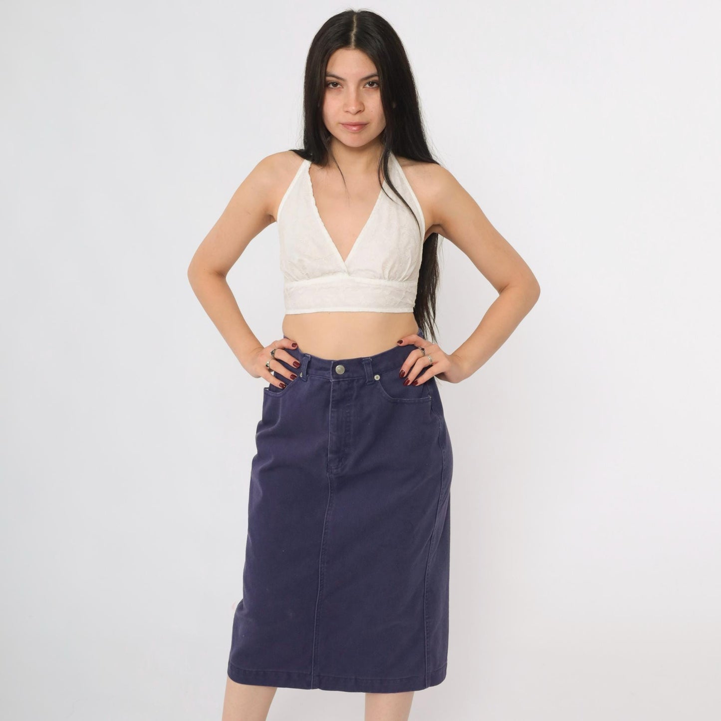 90s Purple Denim Midi Skirt High Waist Pencil Cut Rear Slit Small