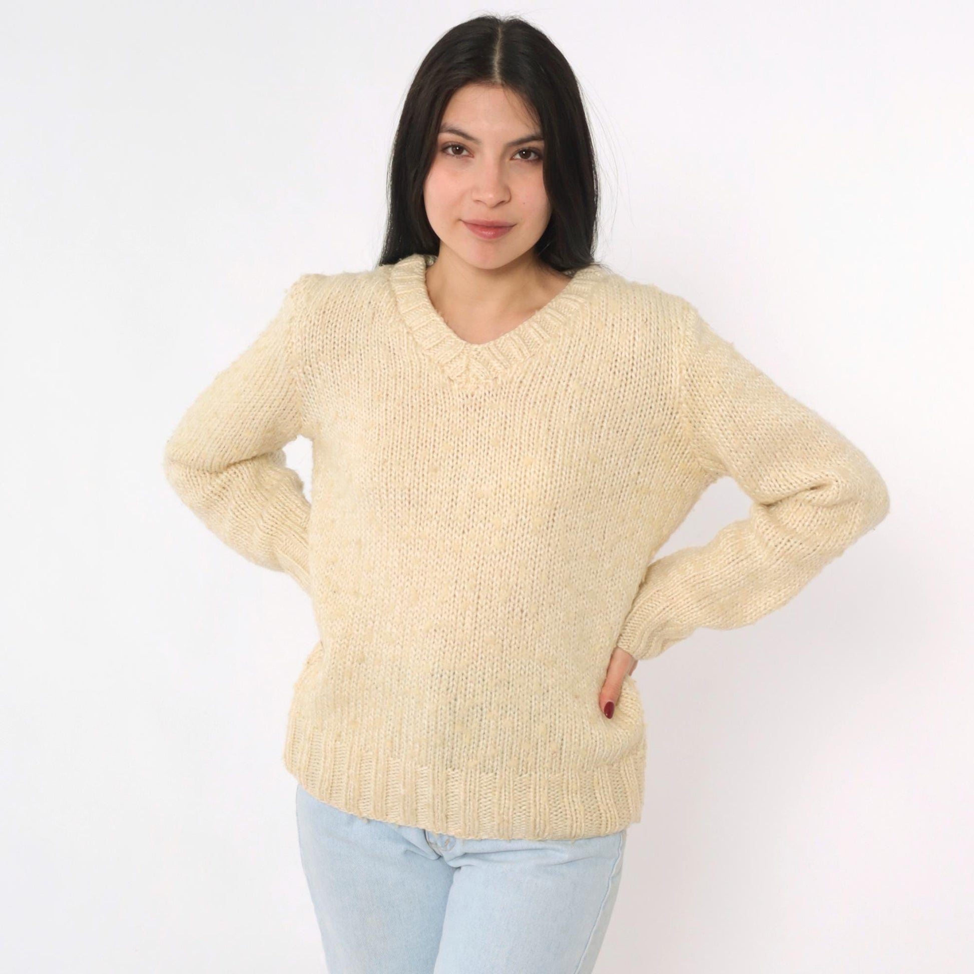 80s Cream Slub Knit V-Neck Sweater Pullover Medium M